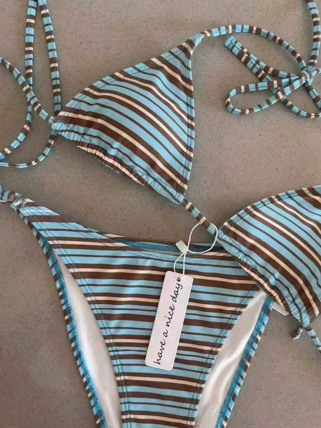 Retro Blue & Green Striped Spaghetti Strap Tie Bikini Set, Sexy