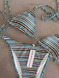 Retro Blue & Green Striped Spaghetti Strap Tie Bikini Set, Sexy