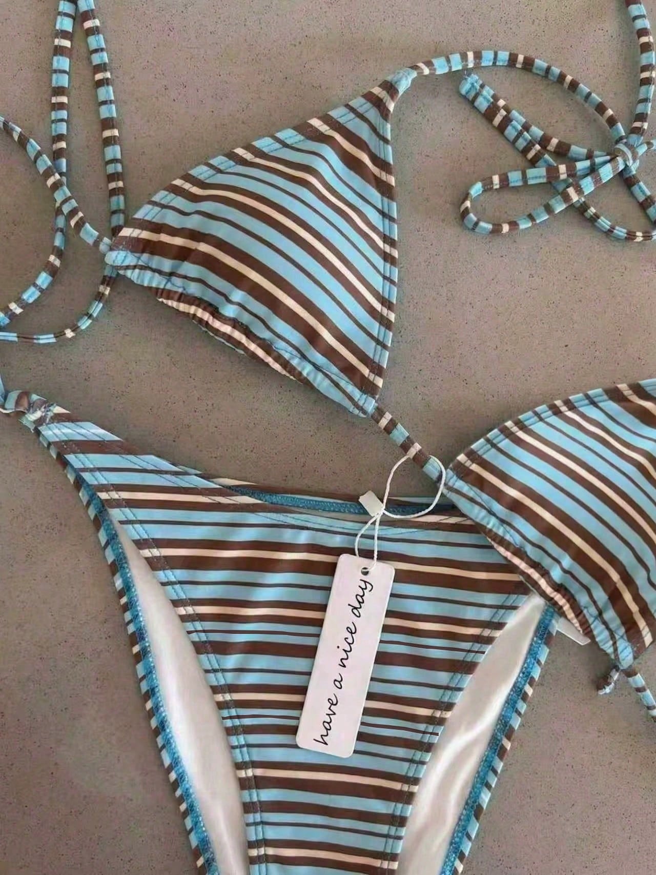 Retro Blue & Green Striped Spaghetti Strap Tie Bikini Set, Sexy