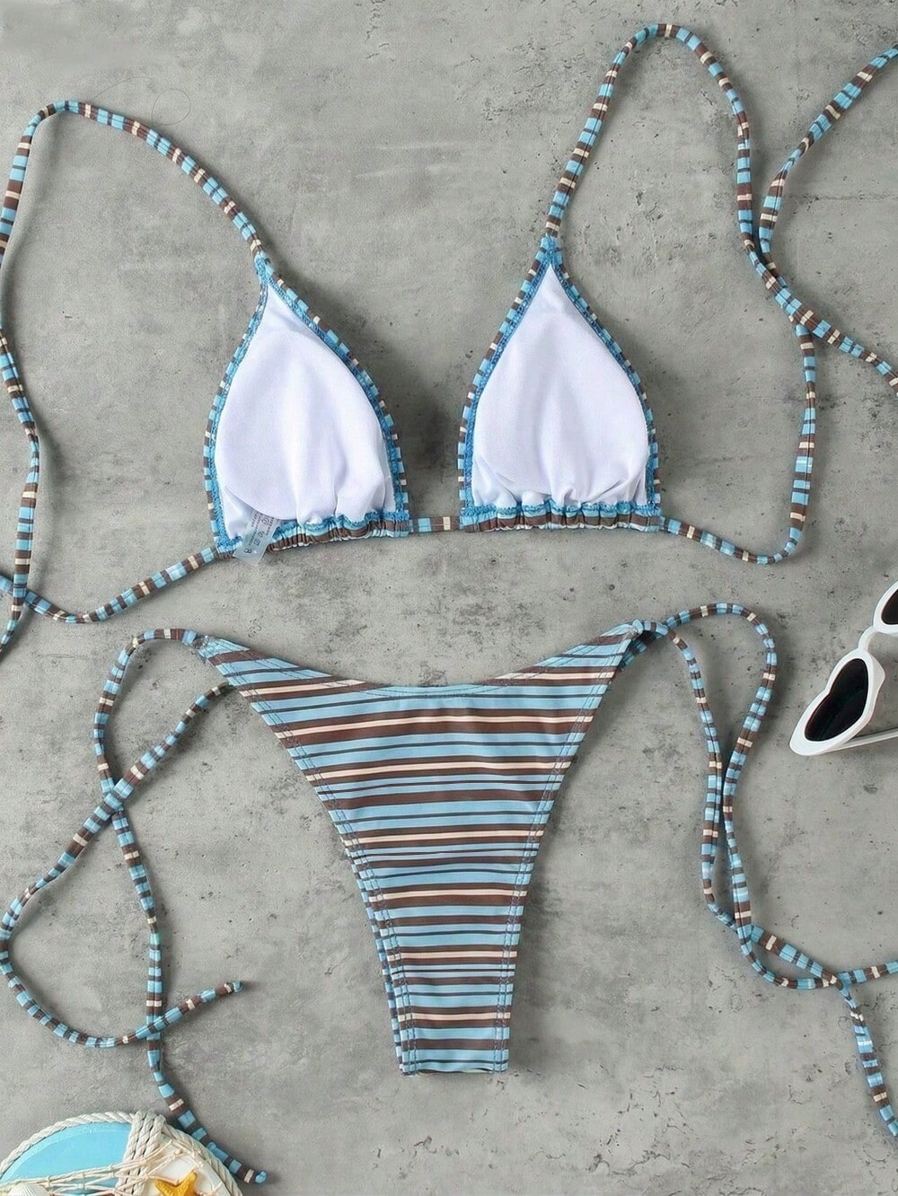 Retro Blue & Green Striped Spaghetti Strap Tie Bikini Set, Sexy