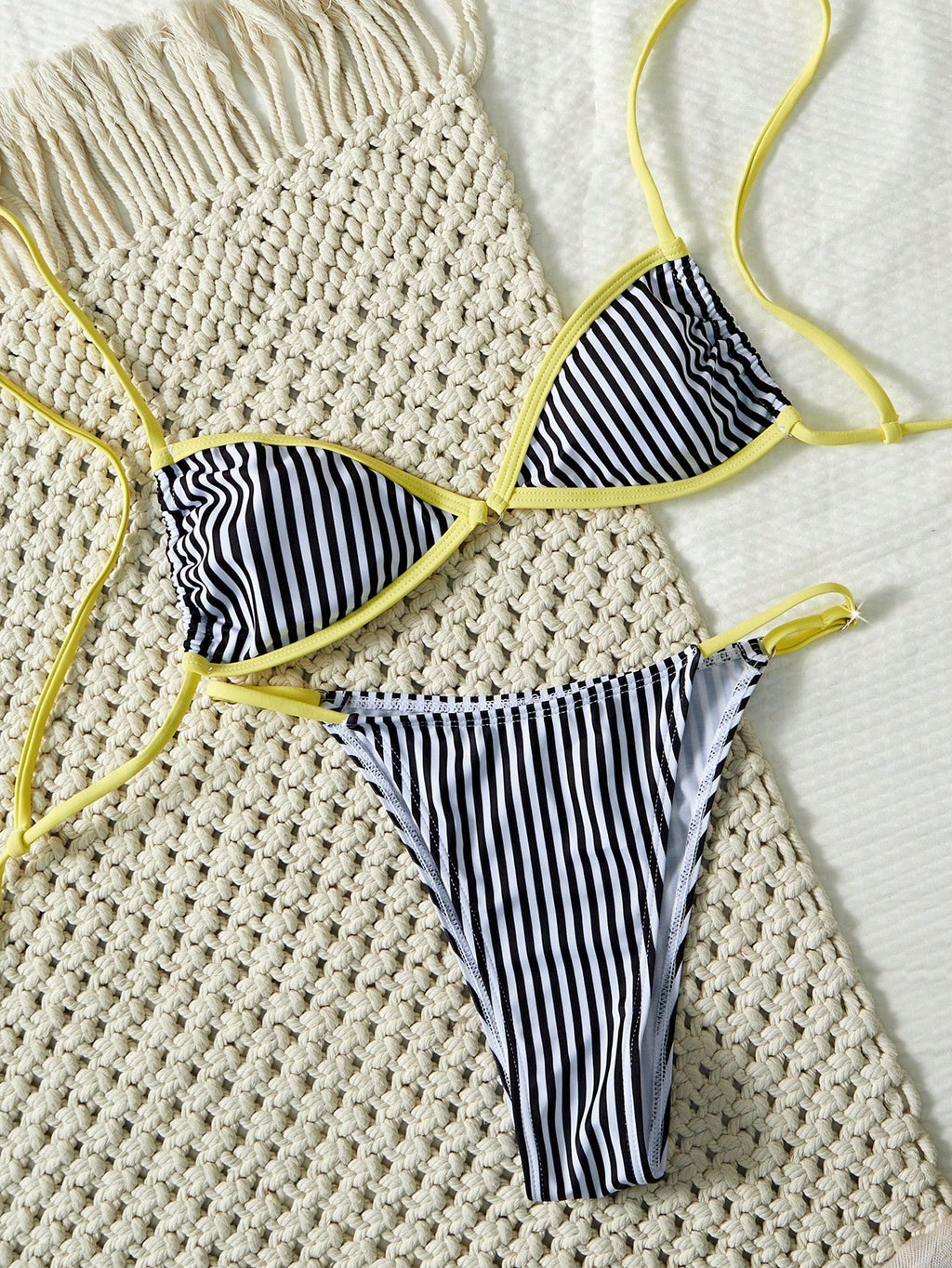 Women's Striped Bikini Set, Sexy Beach Swimwear With Tie-Side Bottoms And Crop T