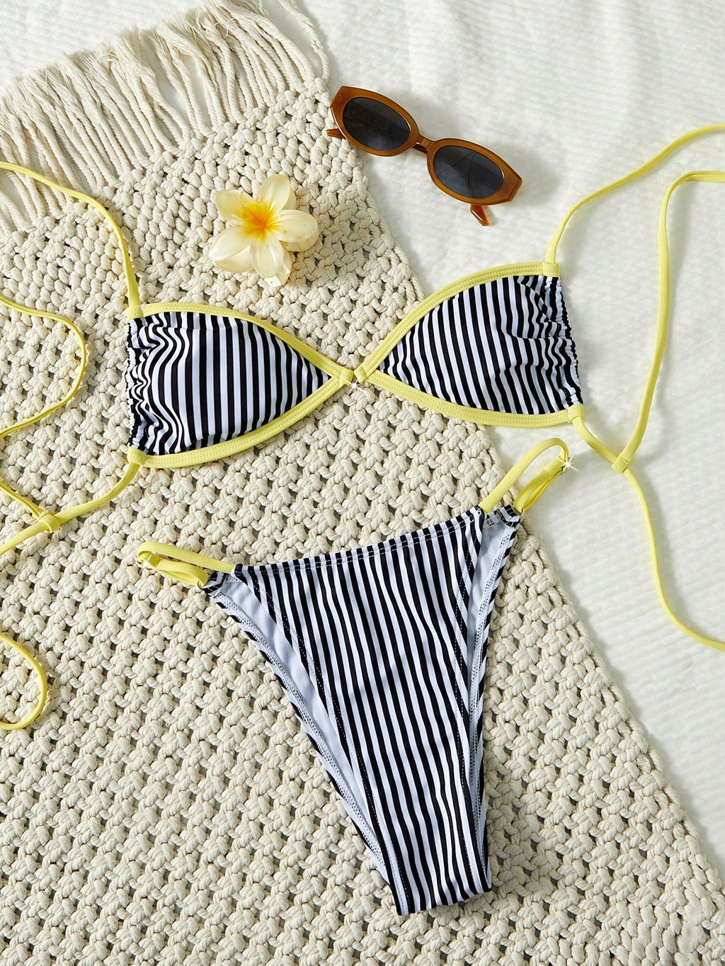 Women's Striped Bikini Set, Sexy Beach Swimwear With Tie-Side Bottoms And Crop T