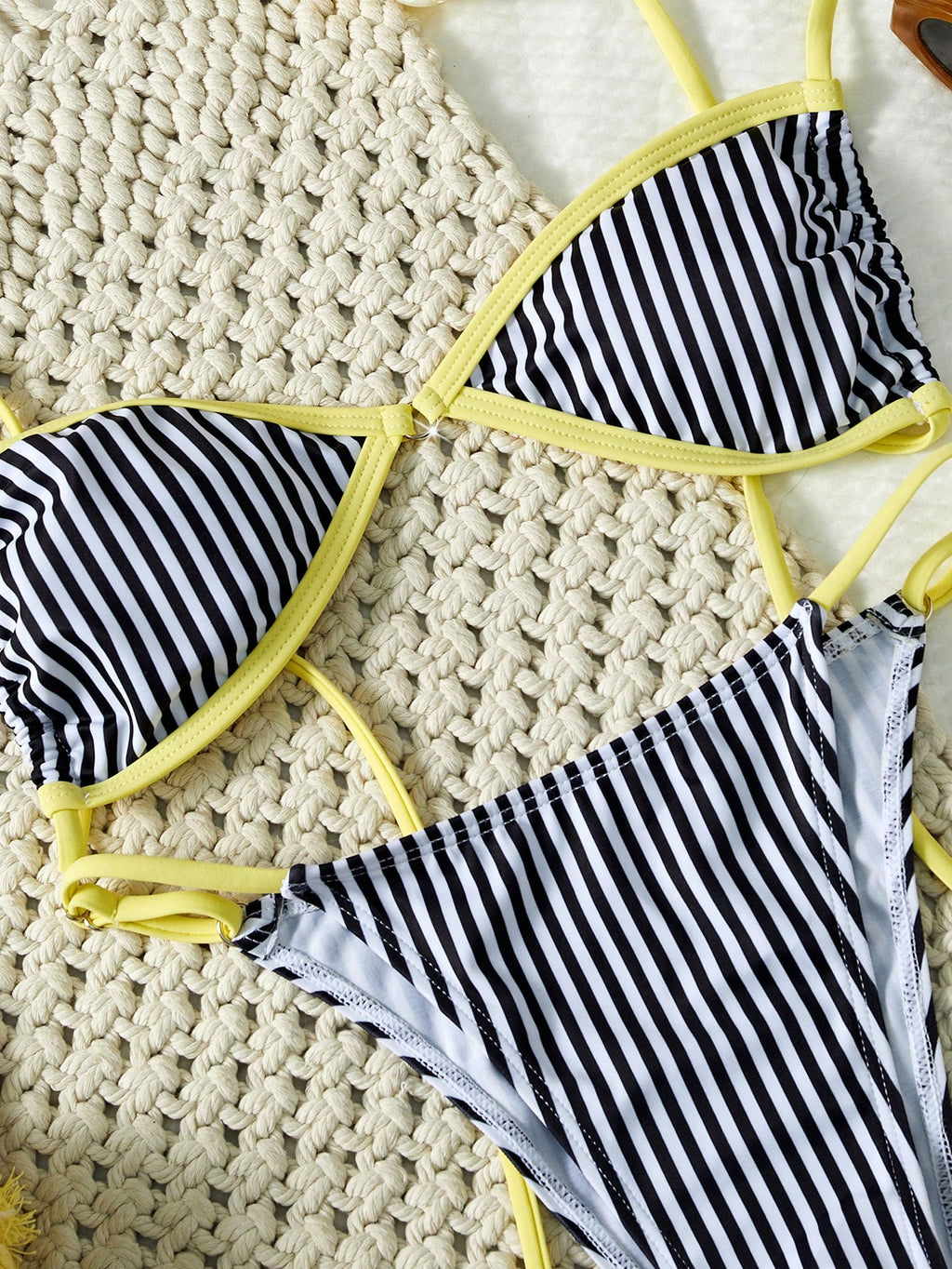 Women's Striped Bikini Set, Sexy Beach Swimwear With Tie-Side Bottoms And Crop T