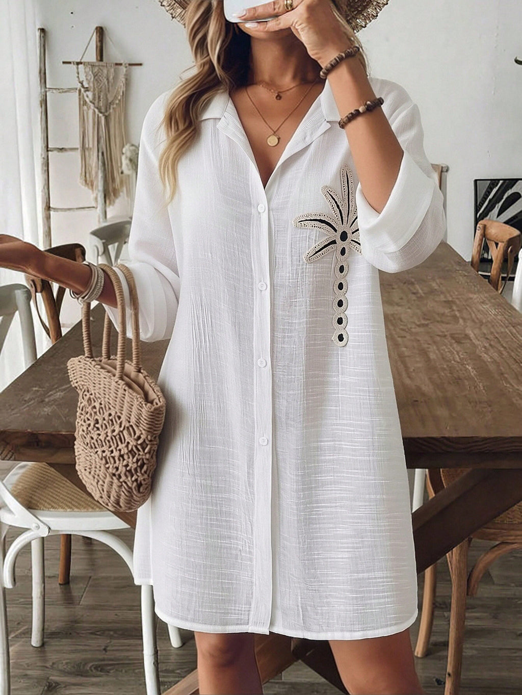 Breezaya Women's White Coconut Tree Button Casual Vacation Beach Kimono Cover Up