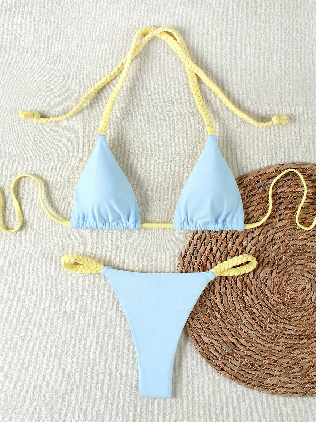 Ladies' 2026 Spring Summer Light Blue Yellow Contrast Braided Strap