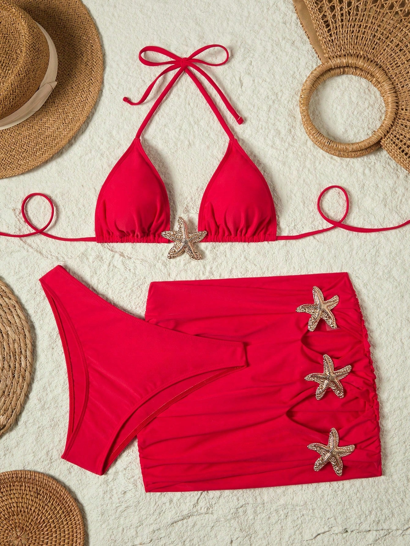 Summer 3pcs Starfish Halter Neck Bikini Set, Triangle Bikini Top,