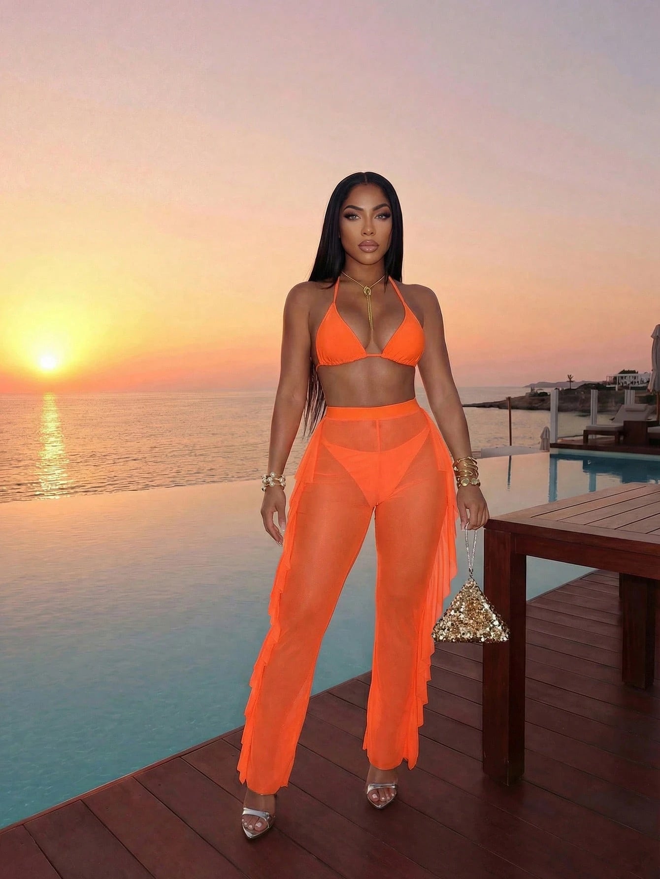 Slaydiva 2026 Casual Beach Holiday Bikini+Unique Ruffled Sheer Elastic Pants 3 P