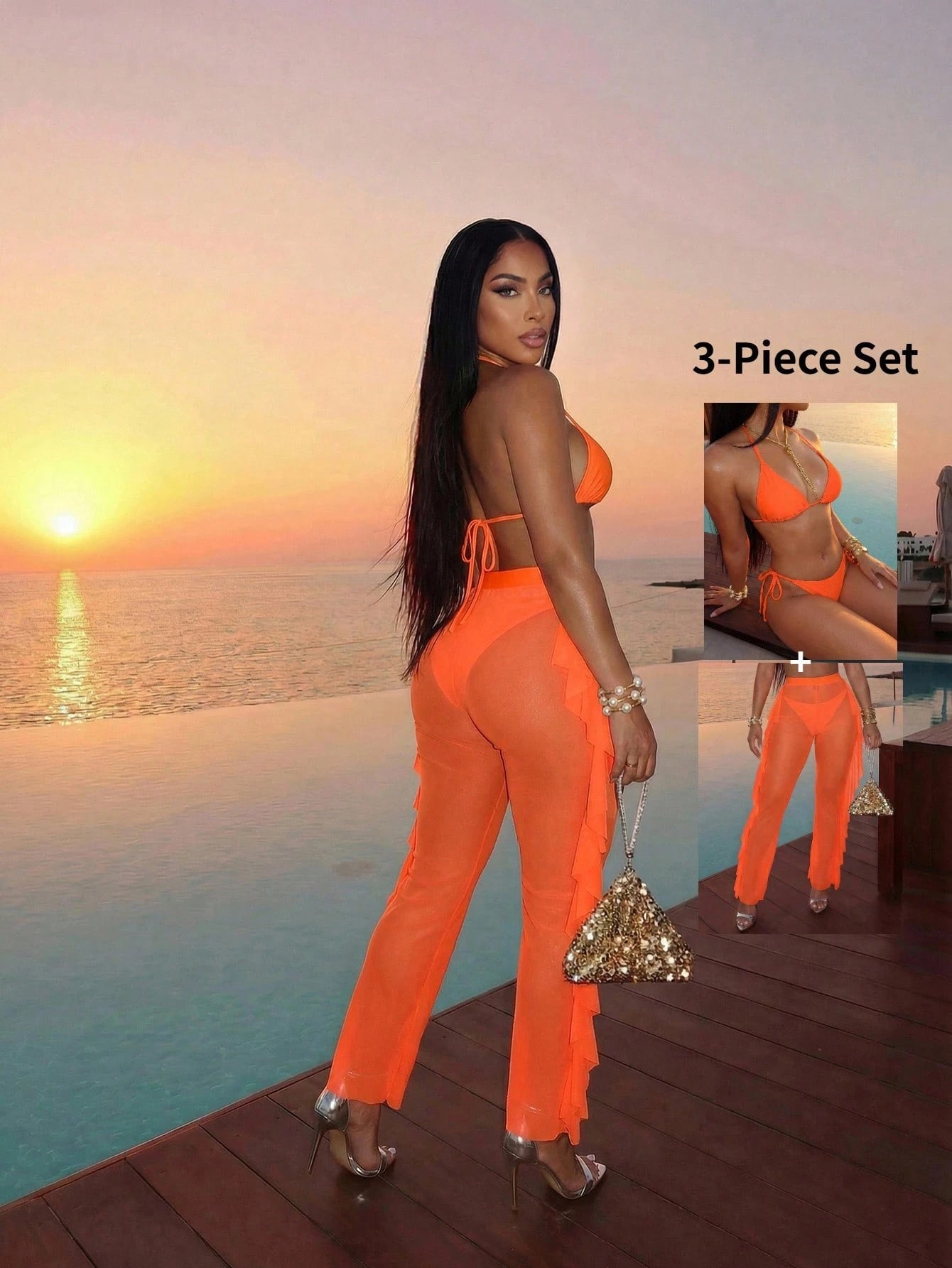 Slaydiva 2026 Casual Beach Holiday Bikini+Unique Ruffled Sheer Elastic Pants 3 P