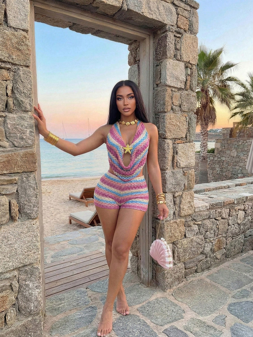 Slaydiva 2026 Casual Beach Vacation Sexy Hollow-Out Metal Decor Knit Bikini Set,