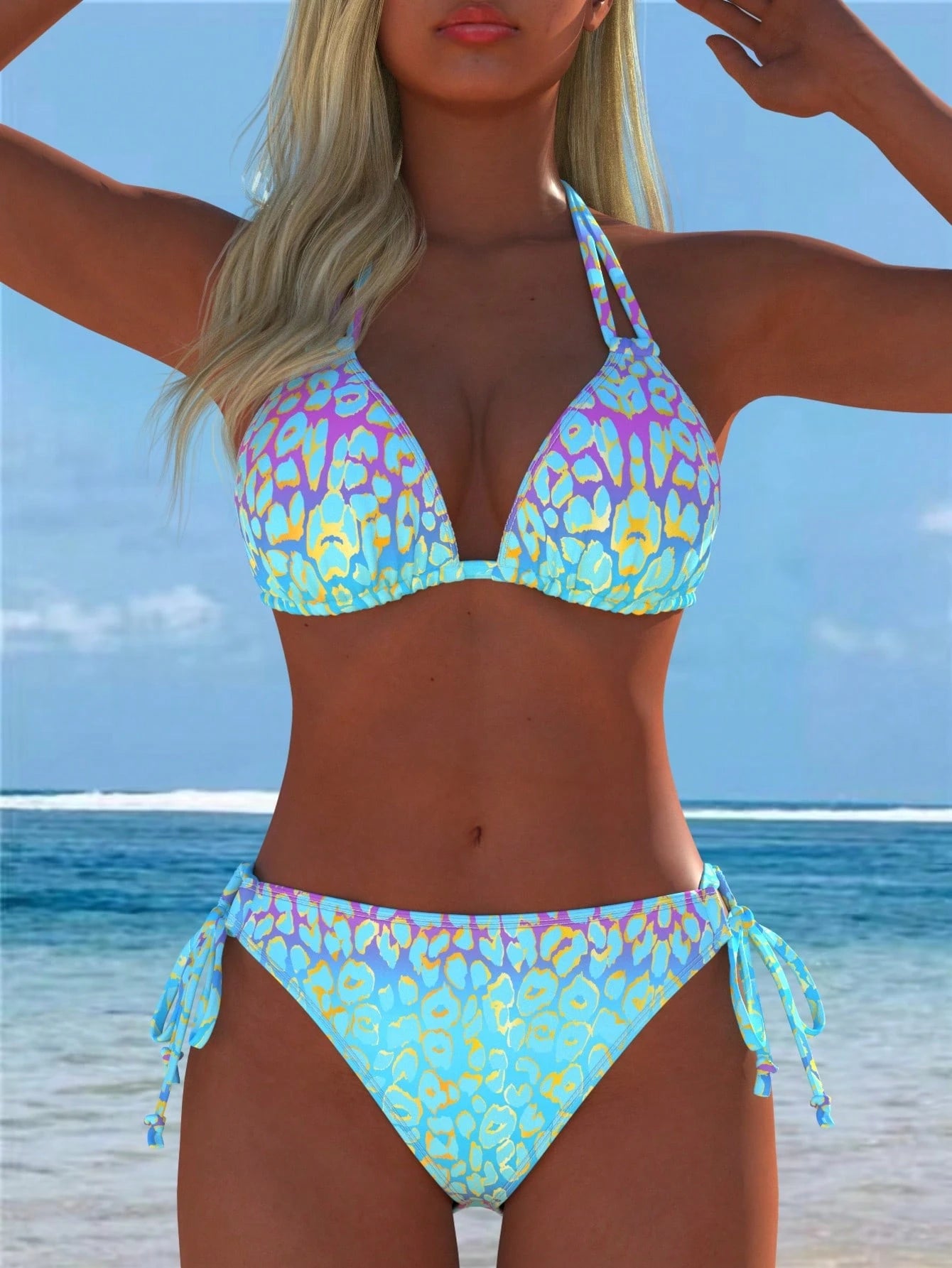 Women's Sexy Halter Bikini Set, Side Tie Leopard Print Swimsuit,