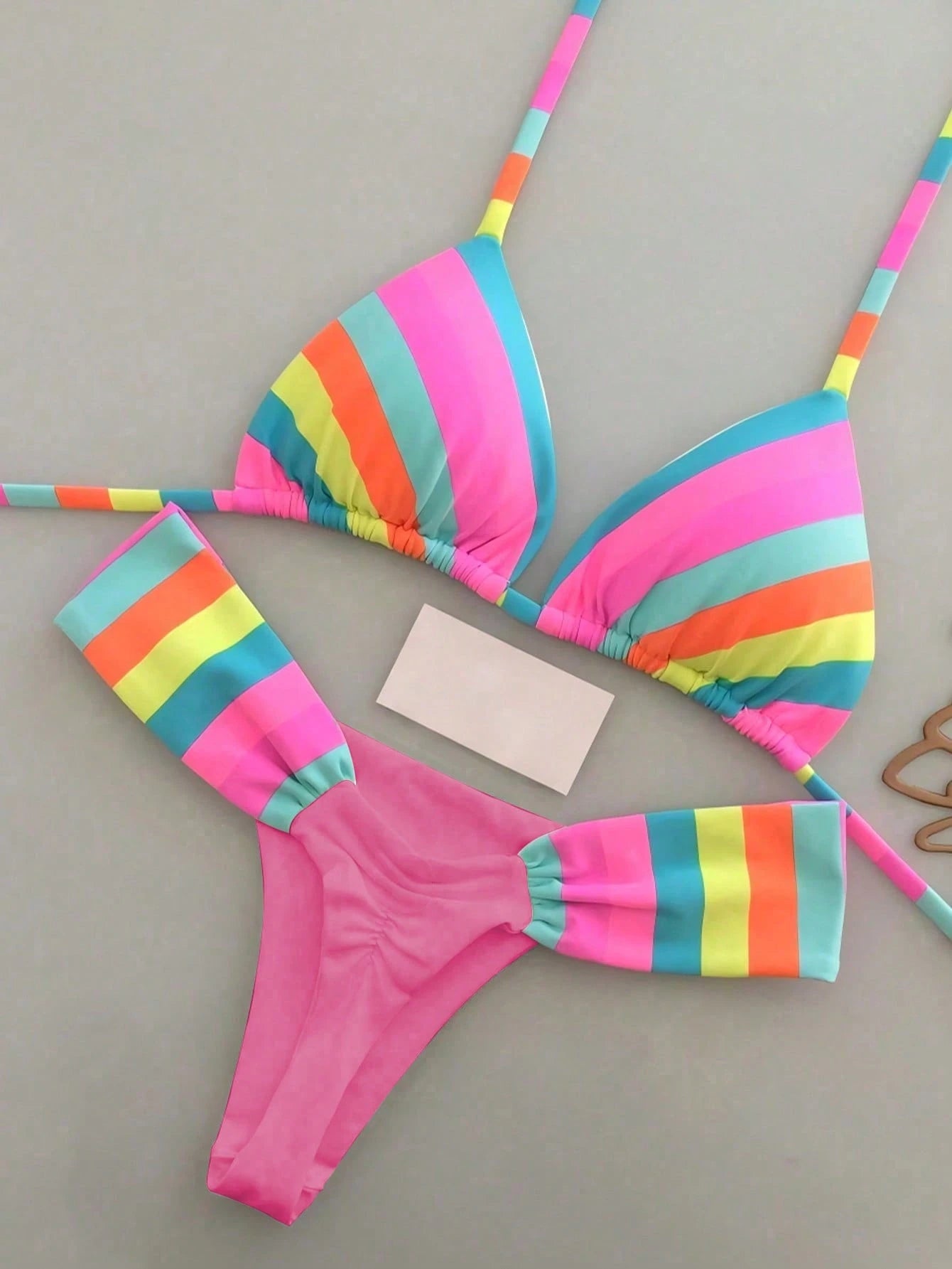 Vibrant Rainbow Striped Bikini Set, Spaghetti Strap Top With Ruffle Details, Cas