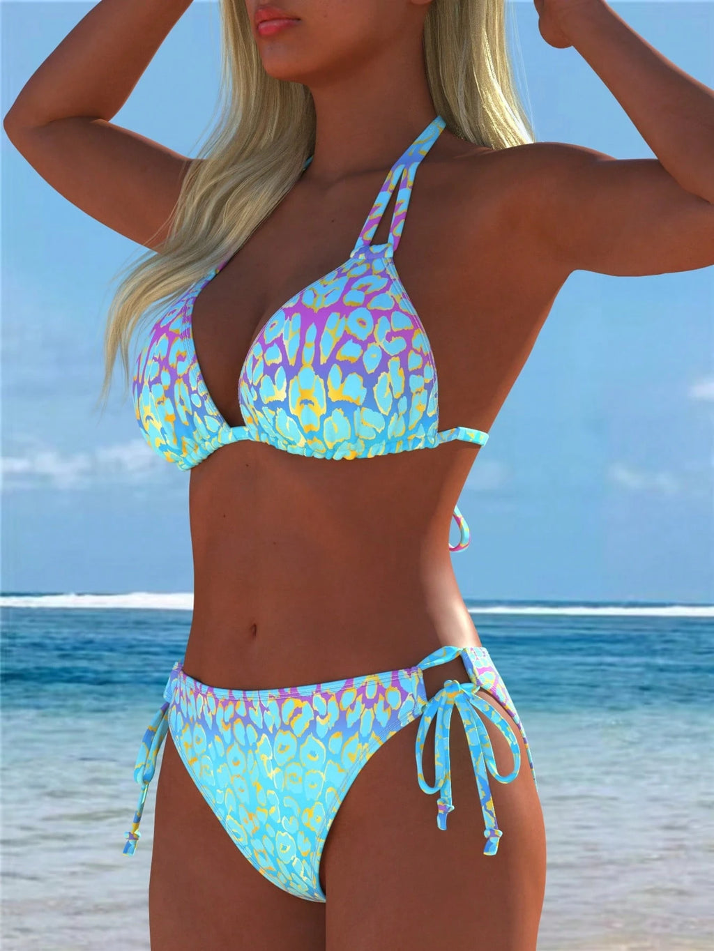 Women's Sexy Halter Bikini Set, Side Tie Leopard Print Swimsuit,