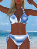 Women's Sexy Halter Striped Bikini Set, Side Tie Casual Beach