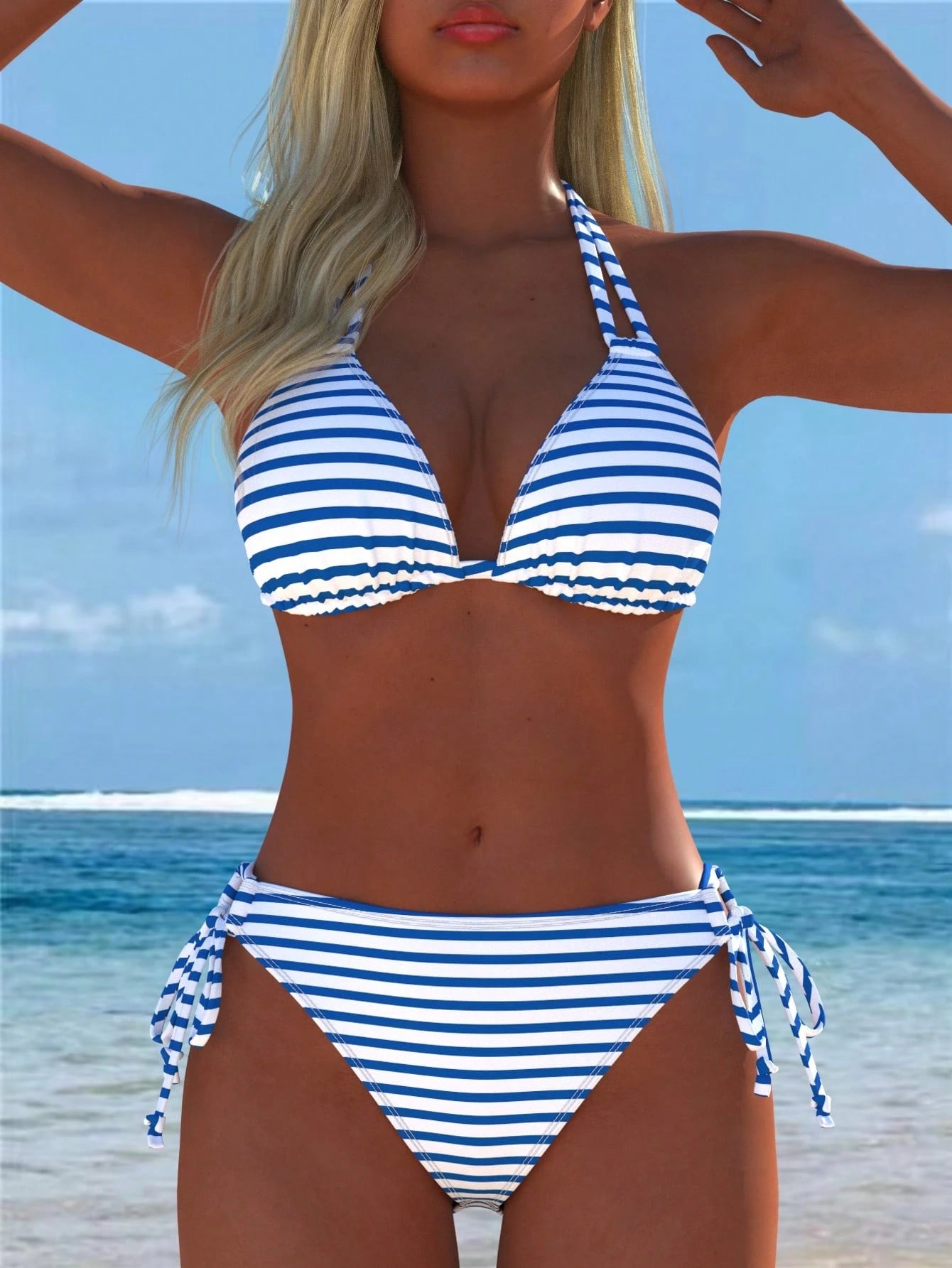 Women's Sexy Halter Striped Bikini Set, Side Tie Casual Beach
