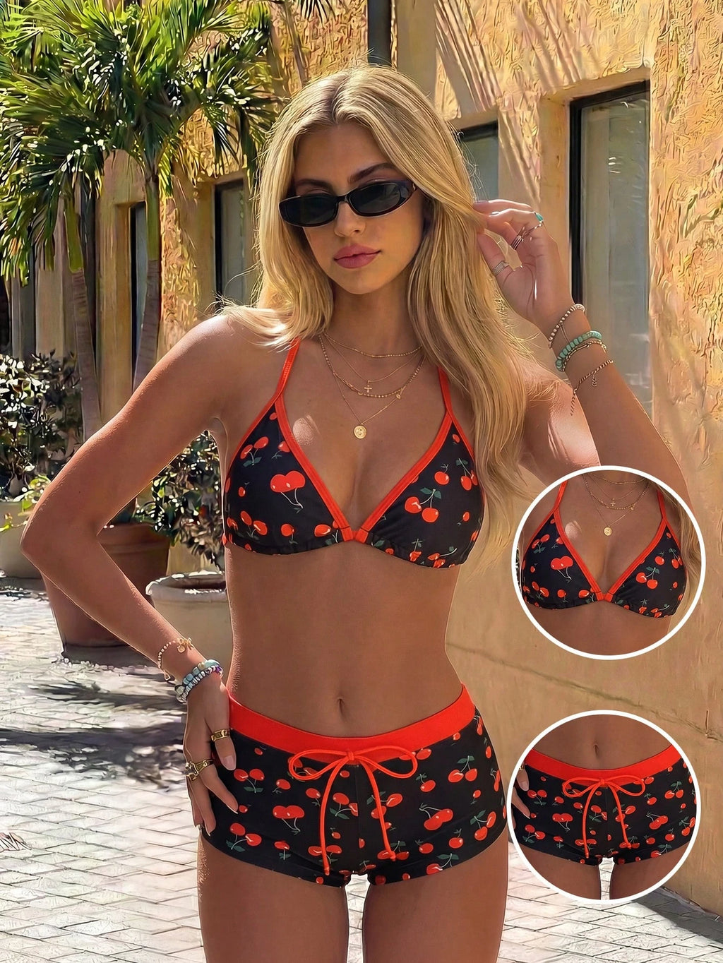 Swim Mod Women's Black Summer Cute Cherry Print Bikini,Halter-Neck