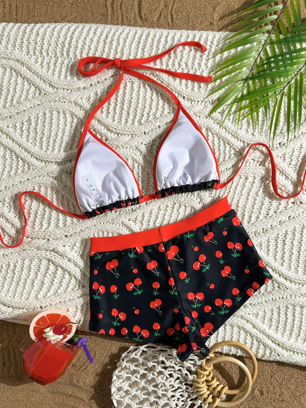 Swim Mod Women's Black Summer Cute Cherry Print Bikini,Halter-Neck