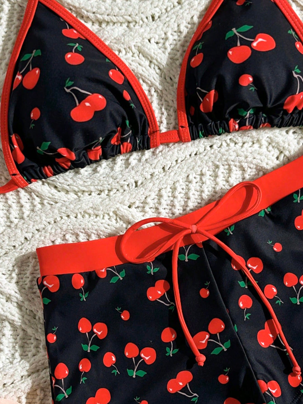 Swim Mod Women's Black Summer Cute Cherry Print Bikini,Halter-Neck