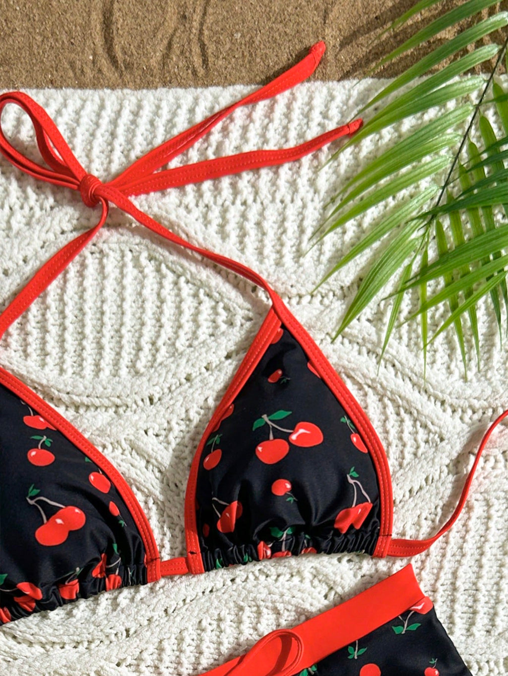 Swim Mod Women's Black Summer Cute Cherry Print Bikini,Halter-Neck