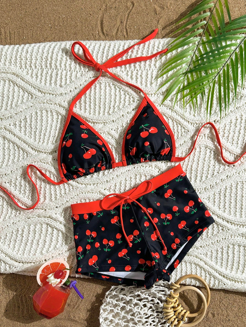 Swim Mod Women's Black Summer Cute Cherry Print Bikini,Halter-Neck