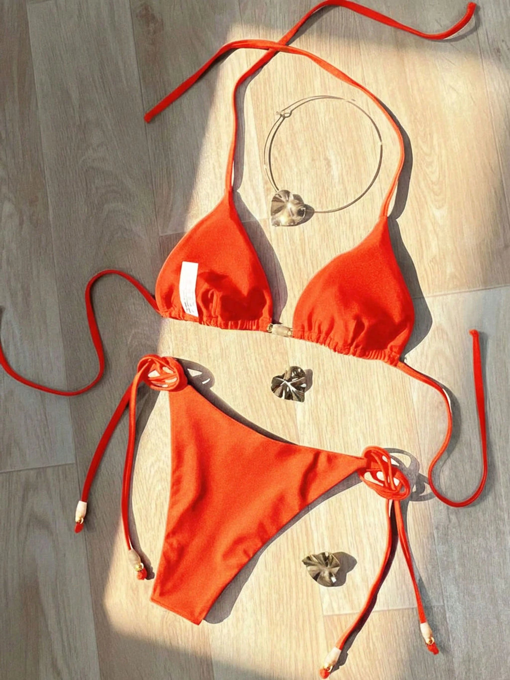 2026 New Women's Beach Style Swimsuit, Red Glossy Halter Sexy Bikini Set, Side T