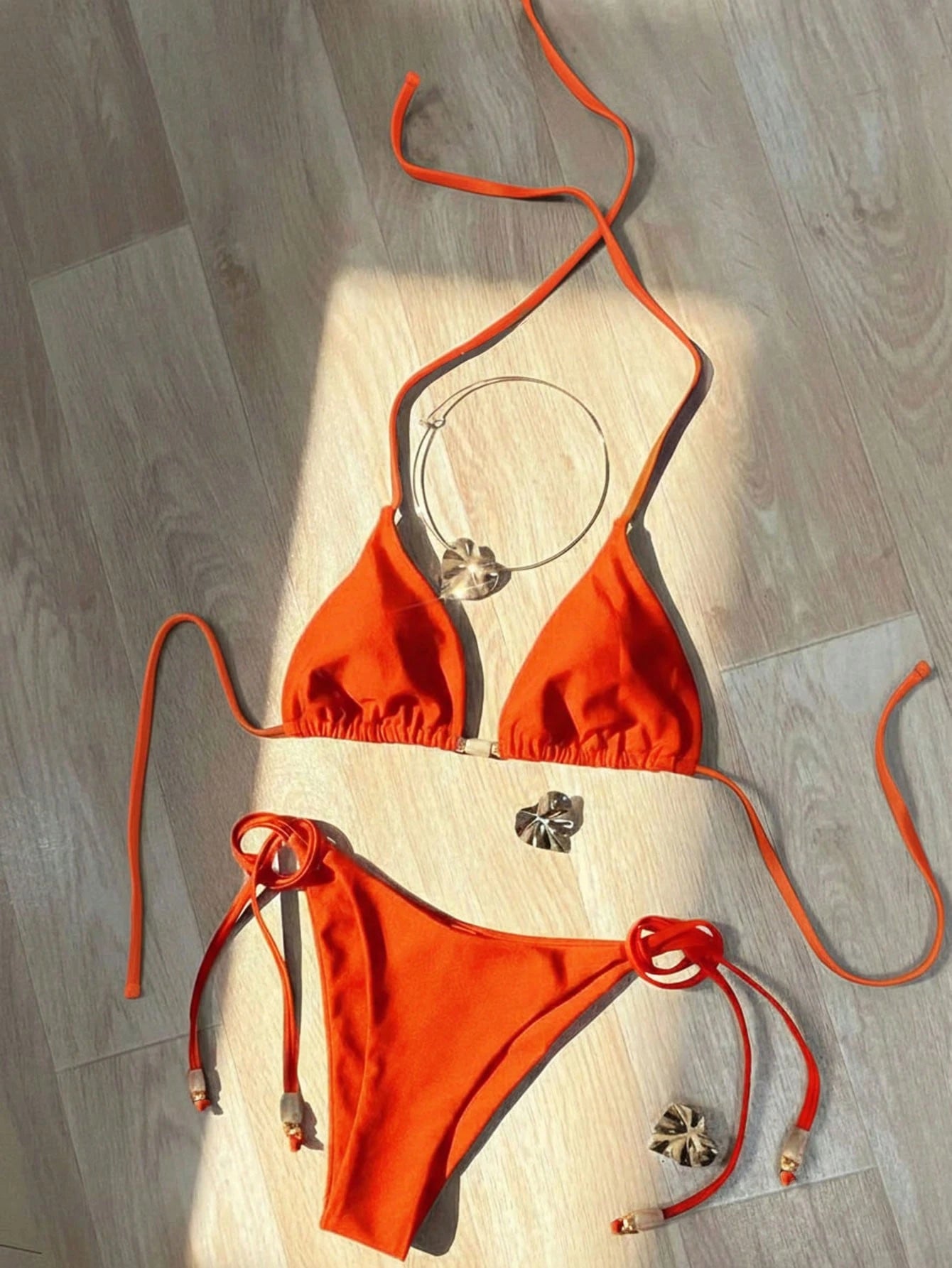 2026 New Women's Beach Style Swimsuit, Red Glossy Halter Sexy Bikini Set, Side T