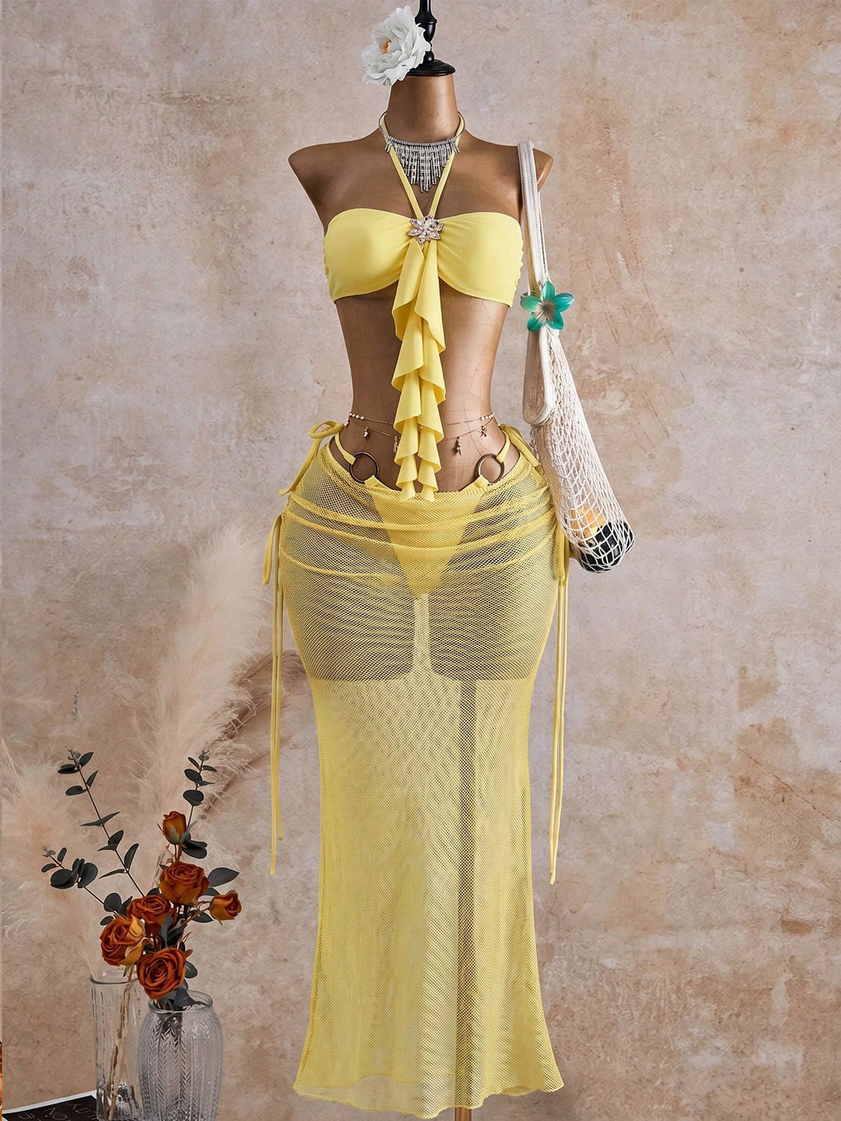 Bellisia Women's Butter Yellow 3-Piece Swimwear Summer Casual Sexy Tropical Beach Vacation Tie-Neck Bikini - image 19
