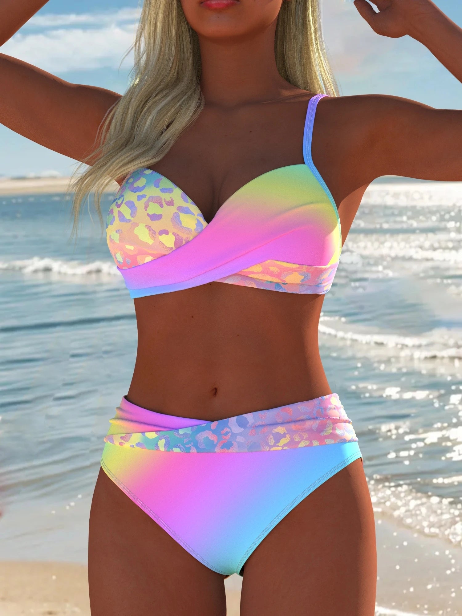 Women's Sexy Gradient Leopard Print Bikini Set, Spaghetti Strap Top,