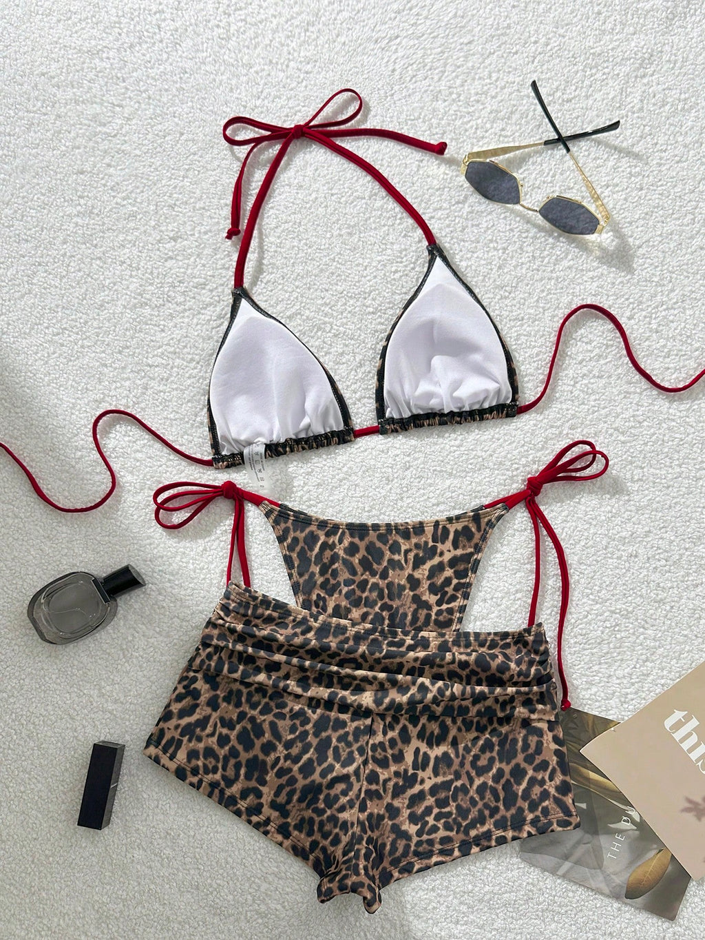 Swim Vcay Women's 3-Piece Leopard Print Bikini Set,Halter Rope Top
