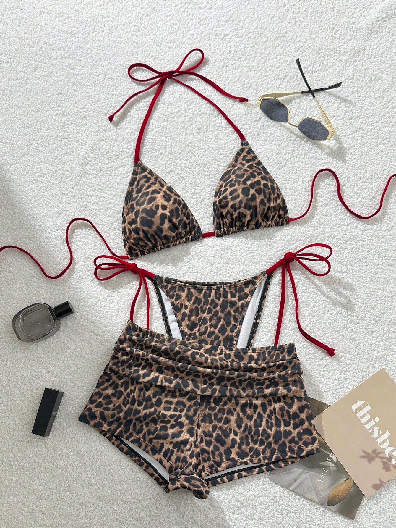Swim Vcay Women's 3-Piece Leopard Print Bikini Set,Halter Rope Top