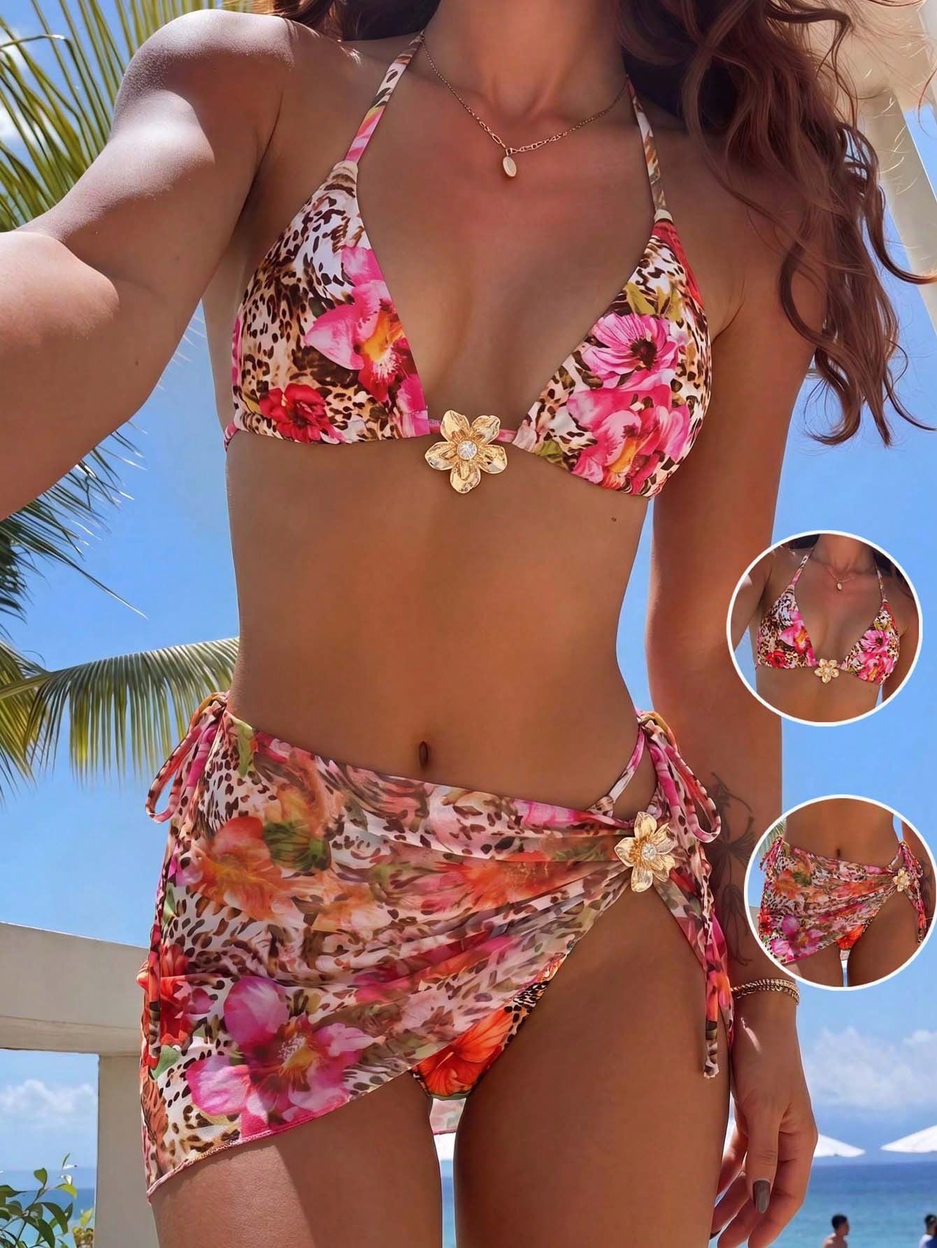 Swim Mod 3pcs Summer New Solid Color Tie Halter Triangle Bikini Top & Mini Skirt