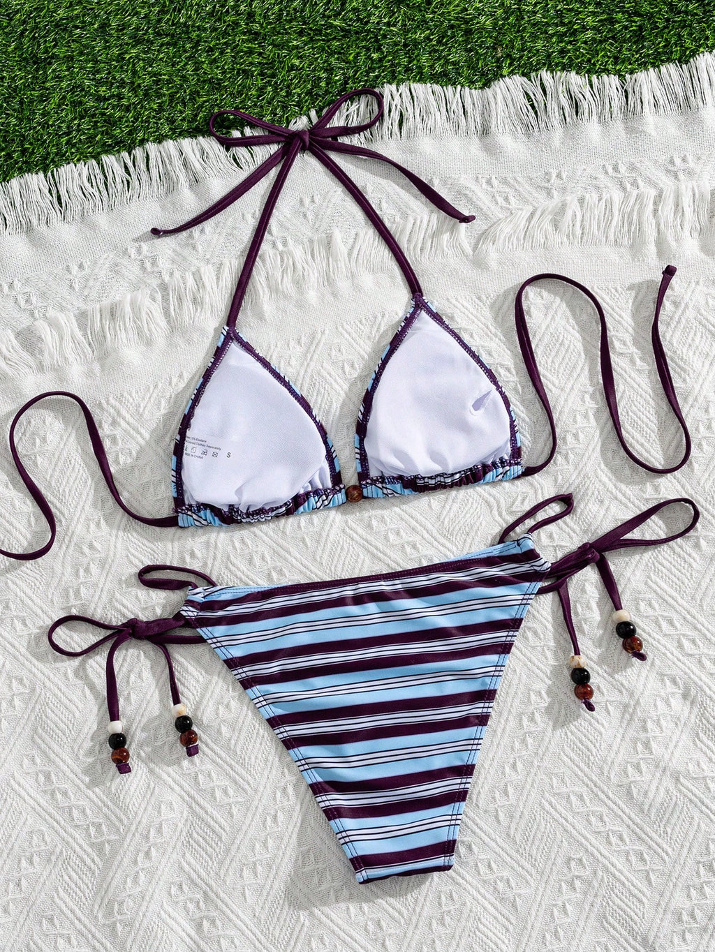 Swim Vcay Summer Vacation Sexy Striped Beaded Halter Backless