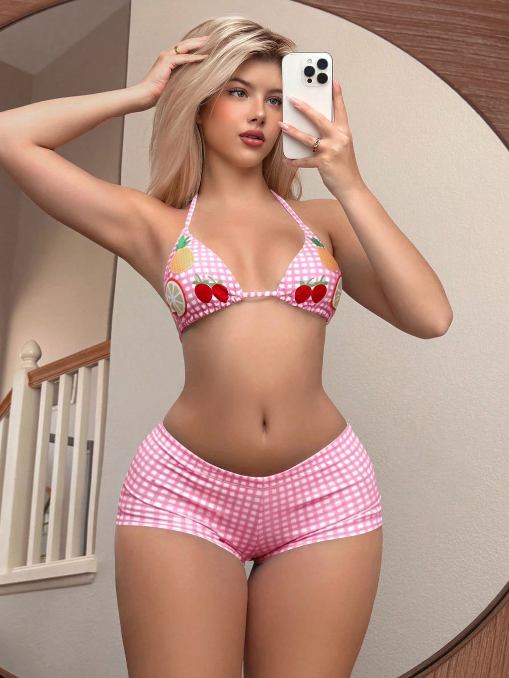 Swim Mod Fruit Print Halter Neck Backless Bikini & Plaid Shorts, 2pcs/Set Women Beach Swimsuit For Summer - image 4