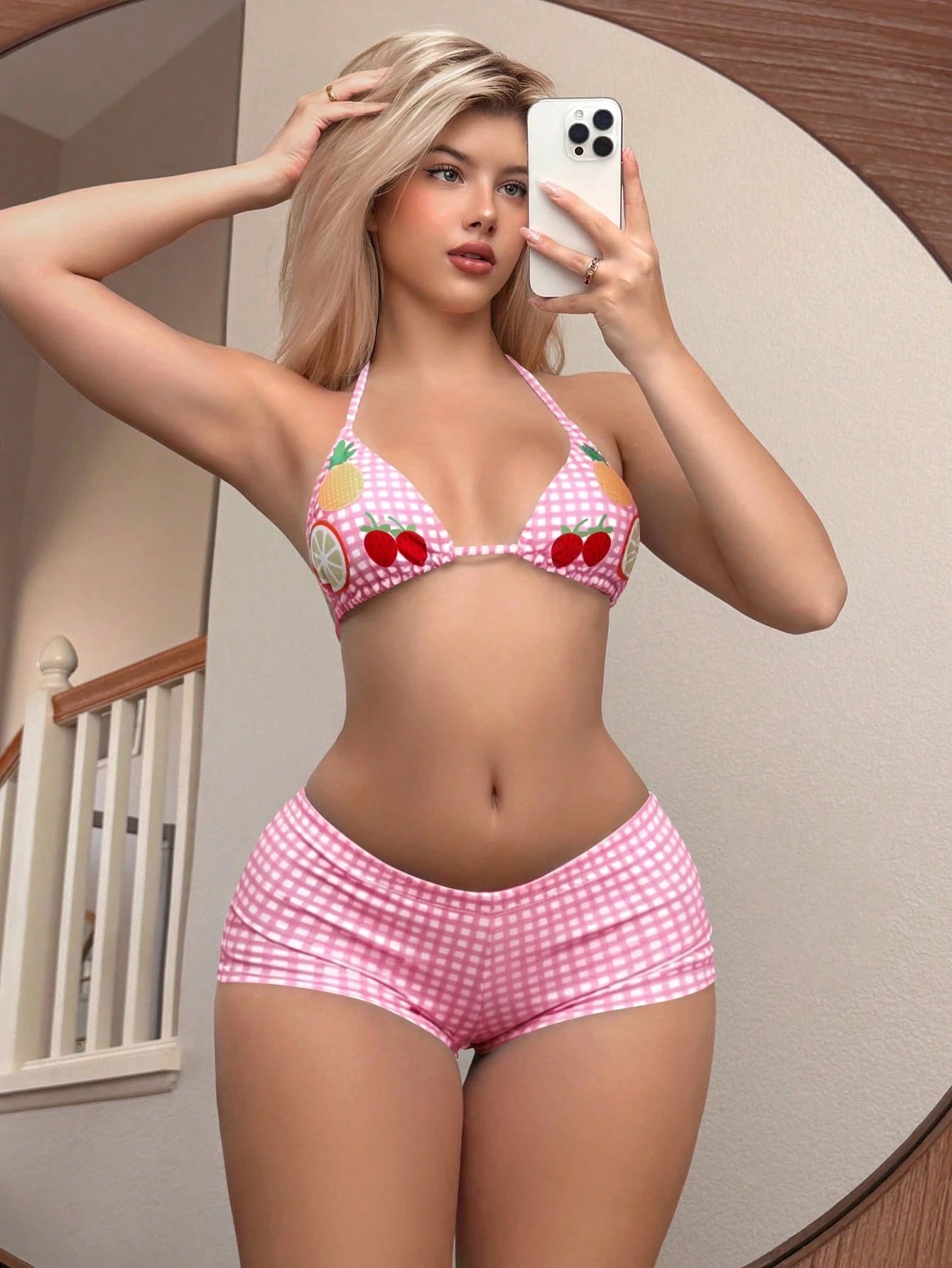 Swim Mod Fruit Print Halter Neck Backless Bikini & Plaid Shorts, 2pcs/Set Women Beach Swimsuit For Summer - image 4