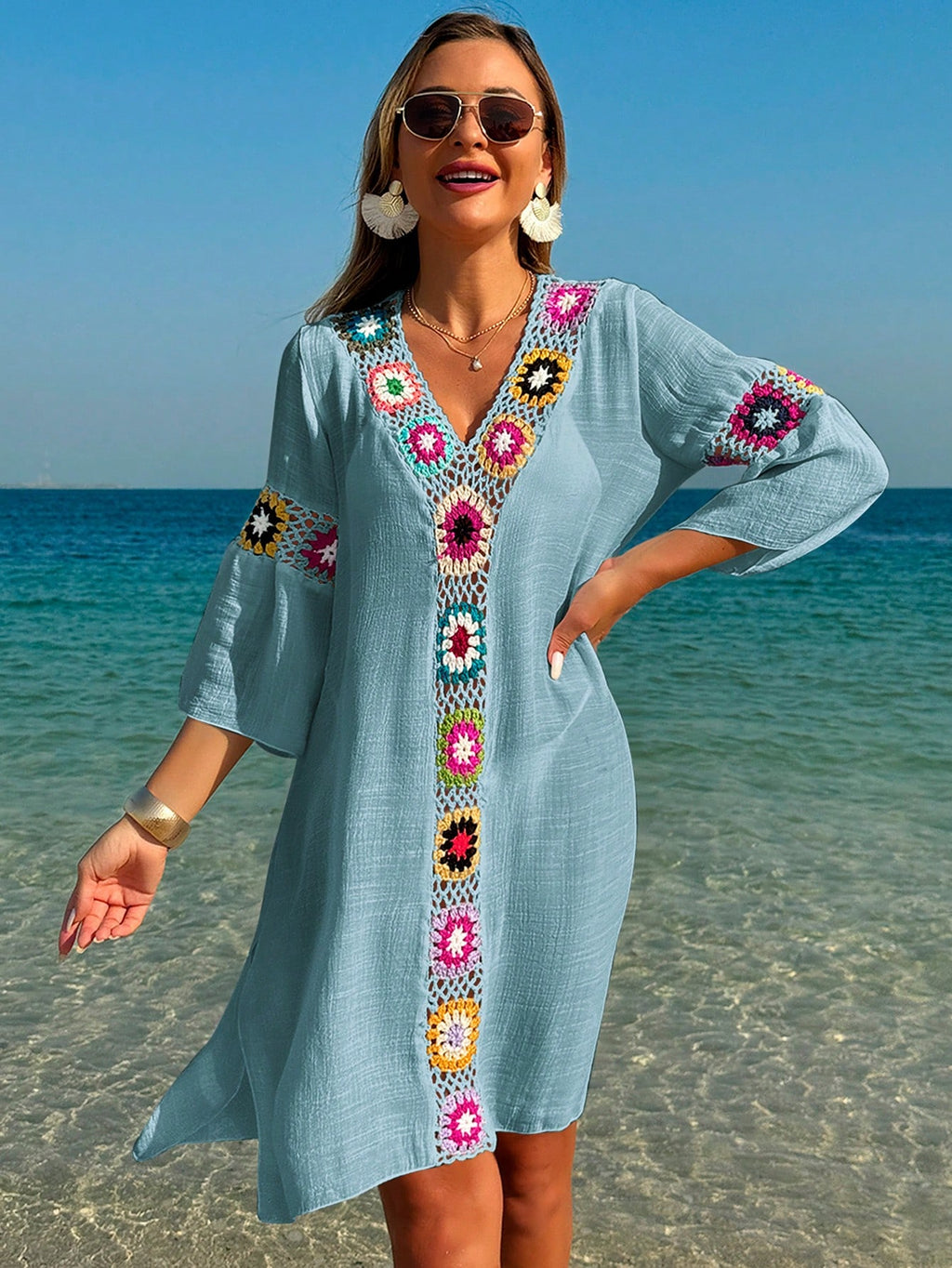 Swim Lushoire Women's V-Neck 3/4 Sleeve Crochet Floral Random Color Loose Side Slit Beach Cover Up Dress - image 20