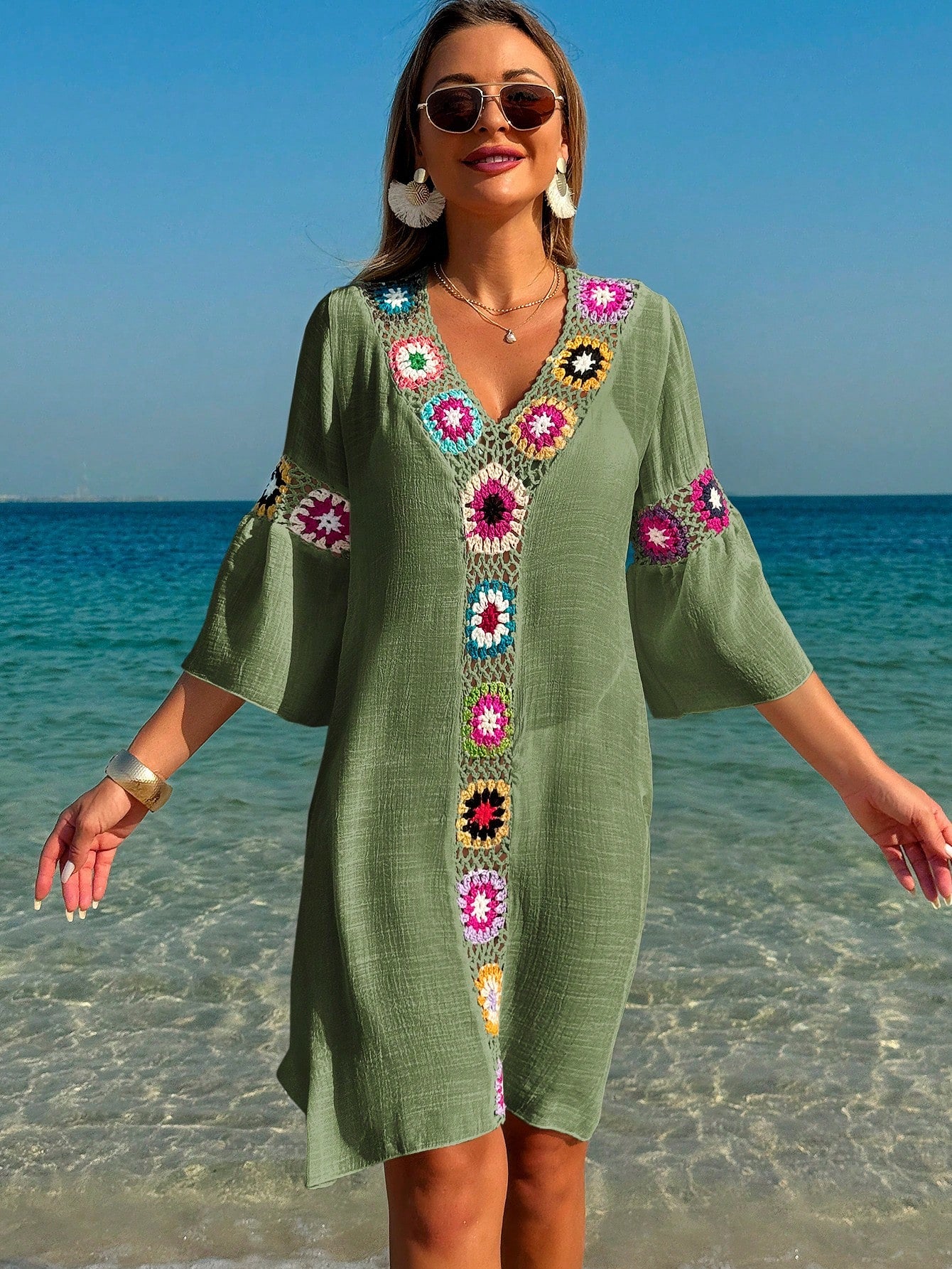 Swim Lushoire Women's V-Neck 3/4 Sleeve Crochet Floral Random Color