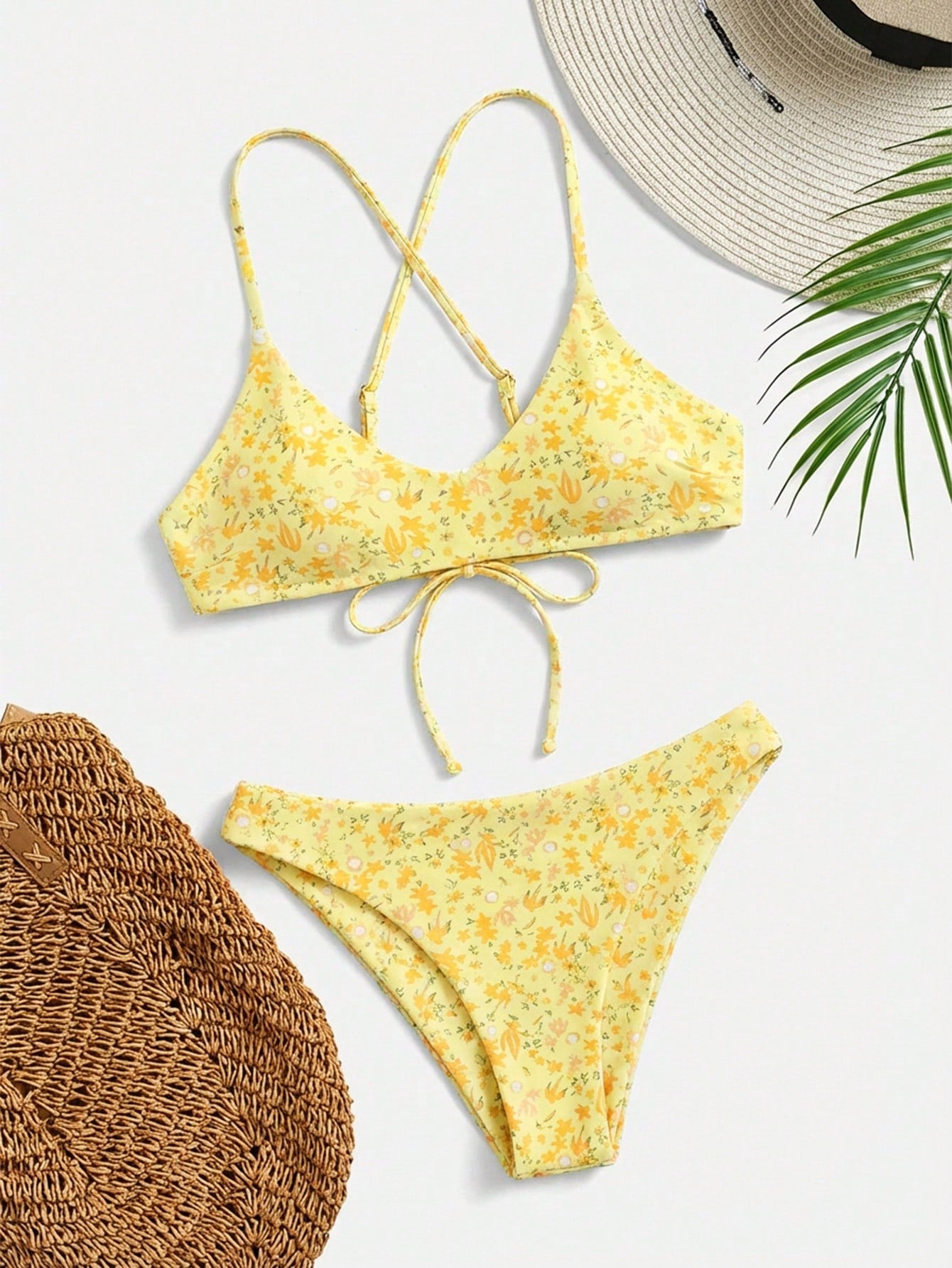 Swim Mod Ditsy Floral Casual Spaghetti Strap Bikini Swimwear, Wireless Vacation