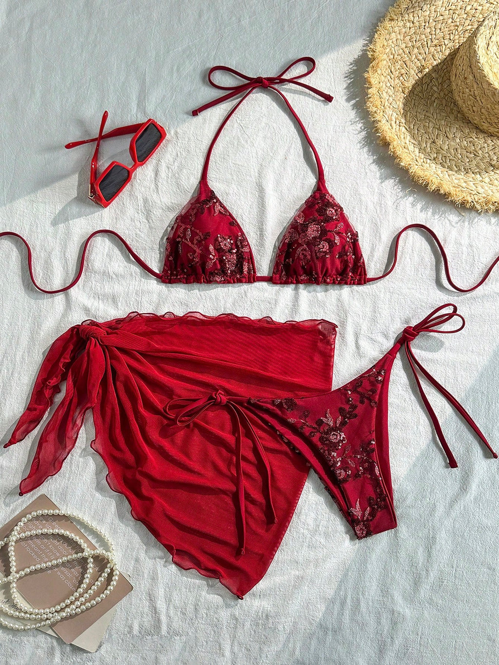 Swim SXY 3pcs/Set Floral & Animal Print Random Pattern Gold Pearl