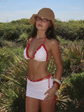 Swim Mod Women's 3-Piece Bikini Set With Drawstring Skirt,Red And