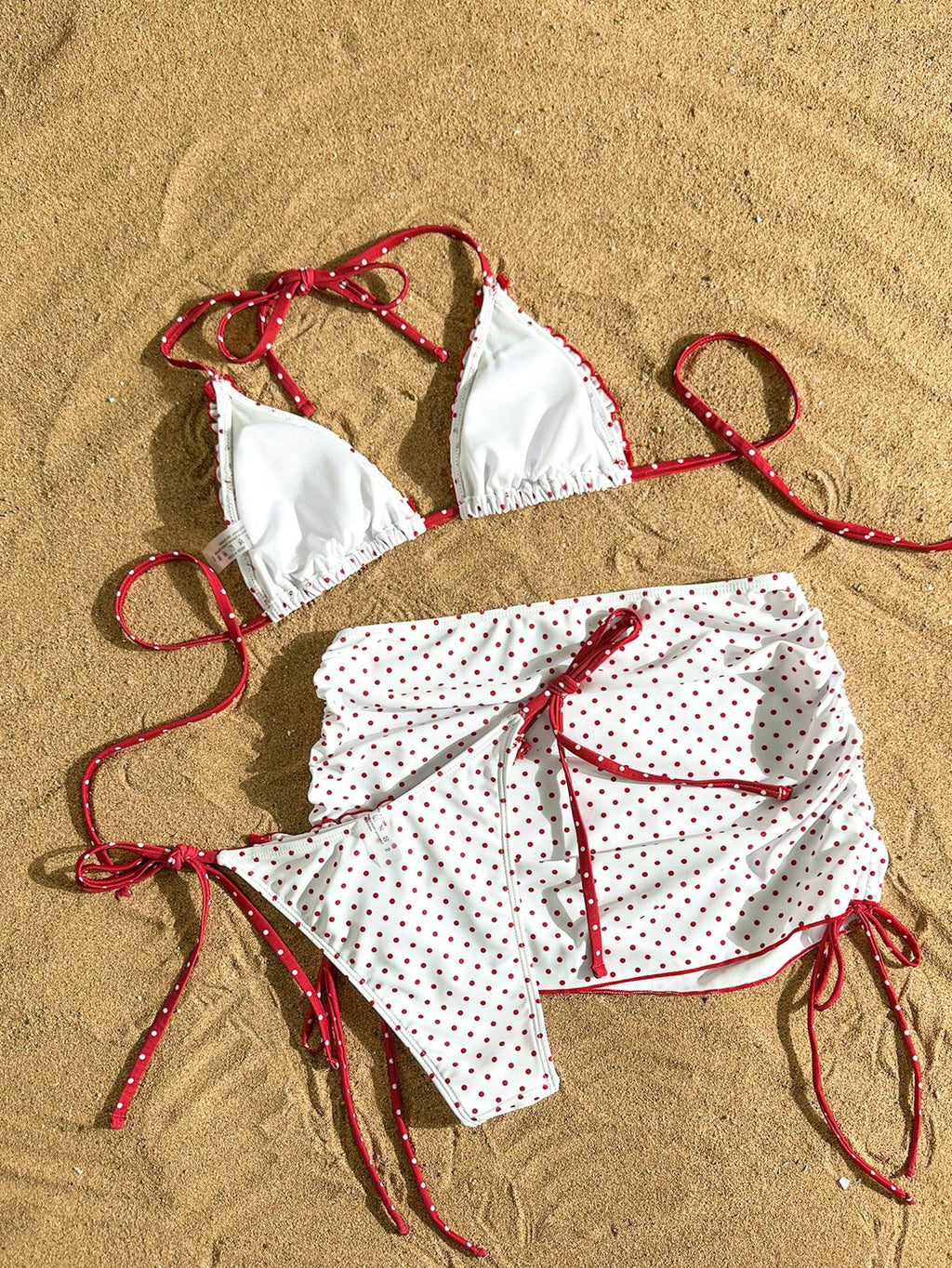 Swim Mod Women's 3-Piece Bikini Set With Drawstring Skirt,Red And