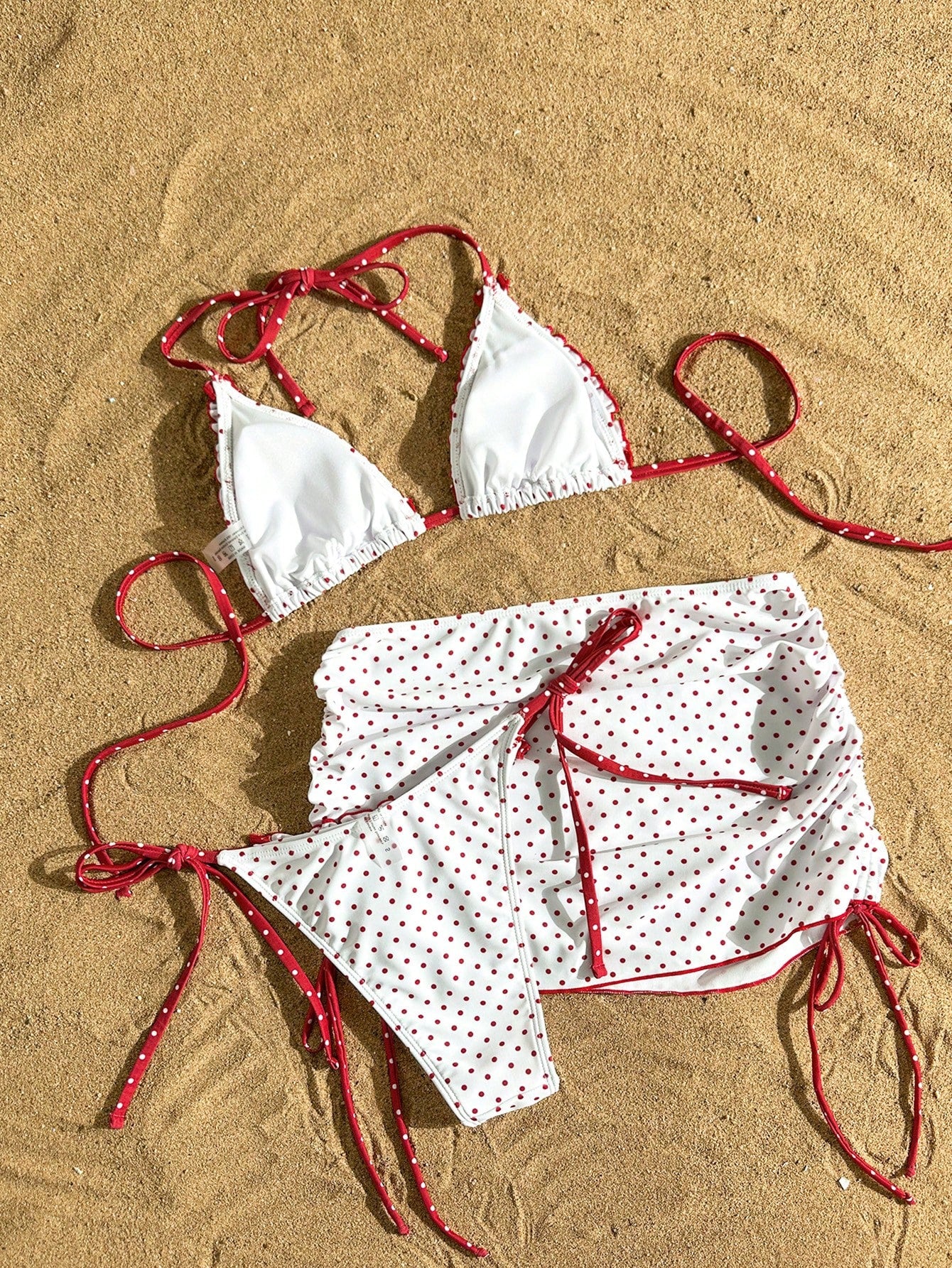 Swim Mod Women's 3-Piece Bikini Set With Drawstring Skirt,Red And