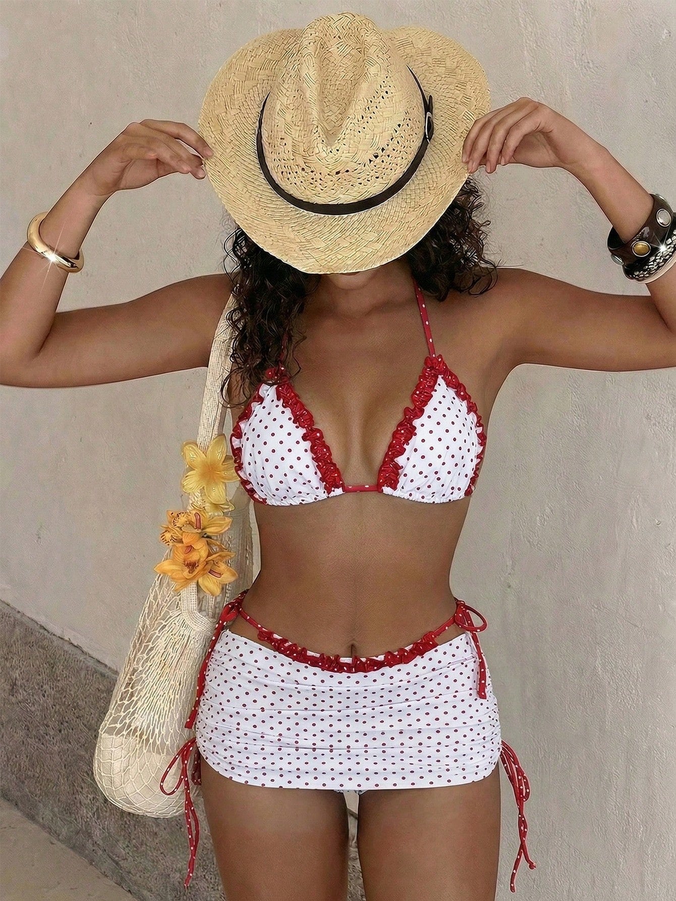 Swim Mod Women's 3-Piece Bikini Set With Drawstring Skirt,Red And