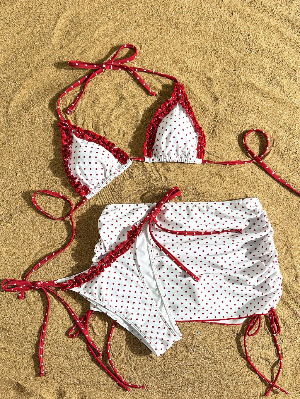 Swim Mod Women's 3-Piece Bikini Set With Drawstring Skirt,Red And