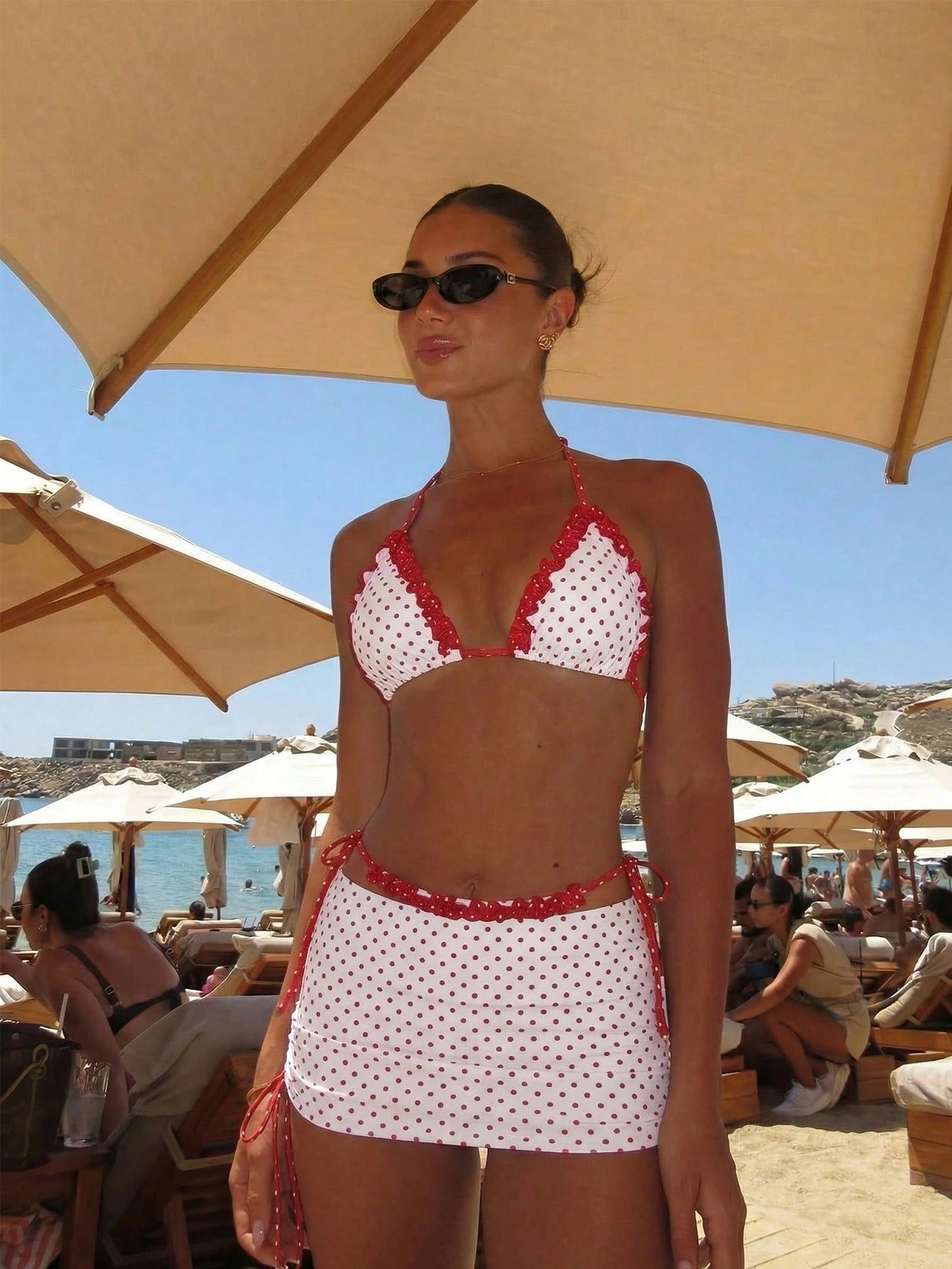 Swim Mod Women's 3-Piece Bikini Set With Drawstring Skirt,Red And