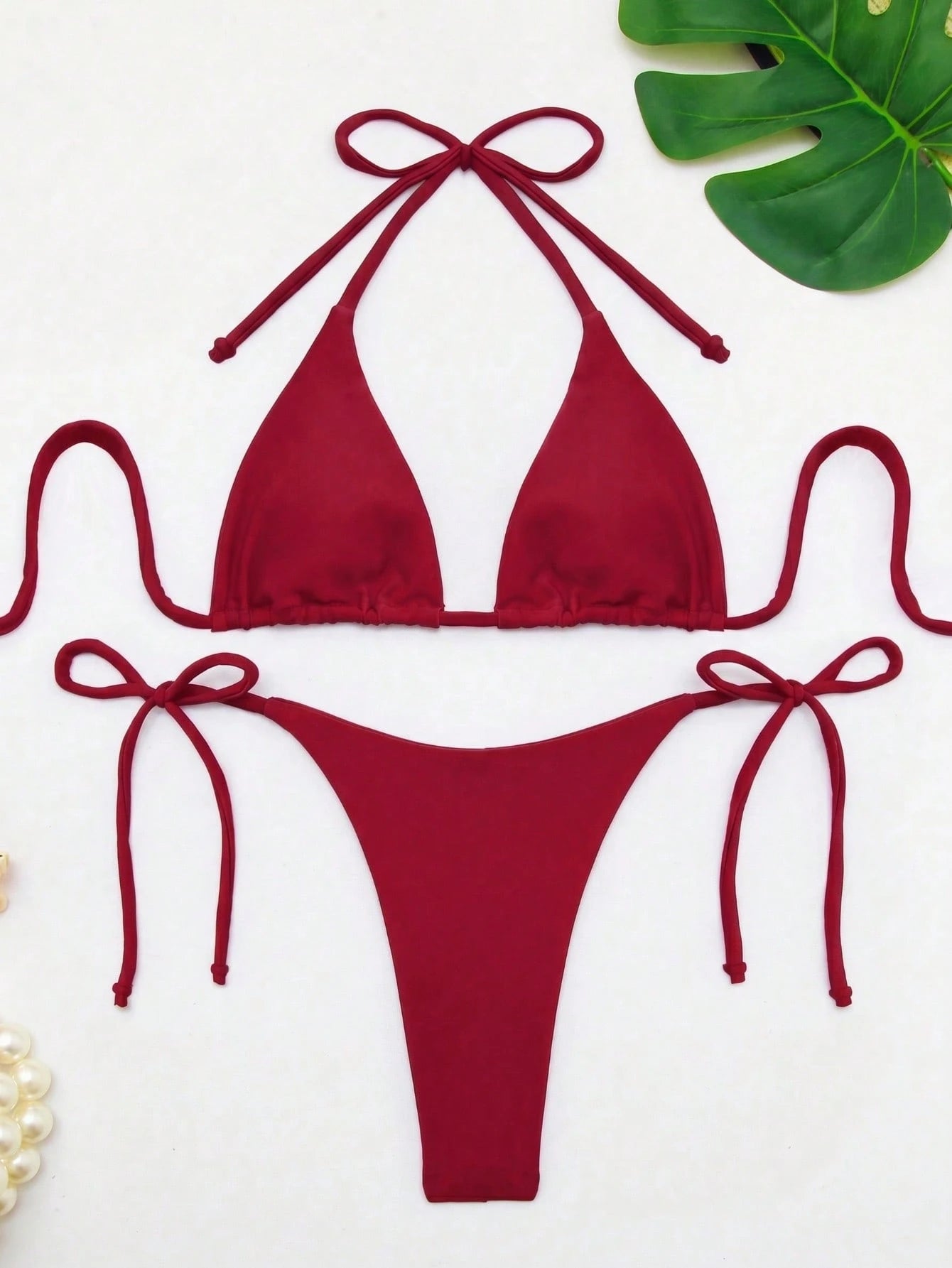 Women's Solid Color Triangle Bikini Set With Drawstring Sexy Halter Neck For Beach Vacation Summer Pink - image 2