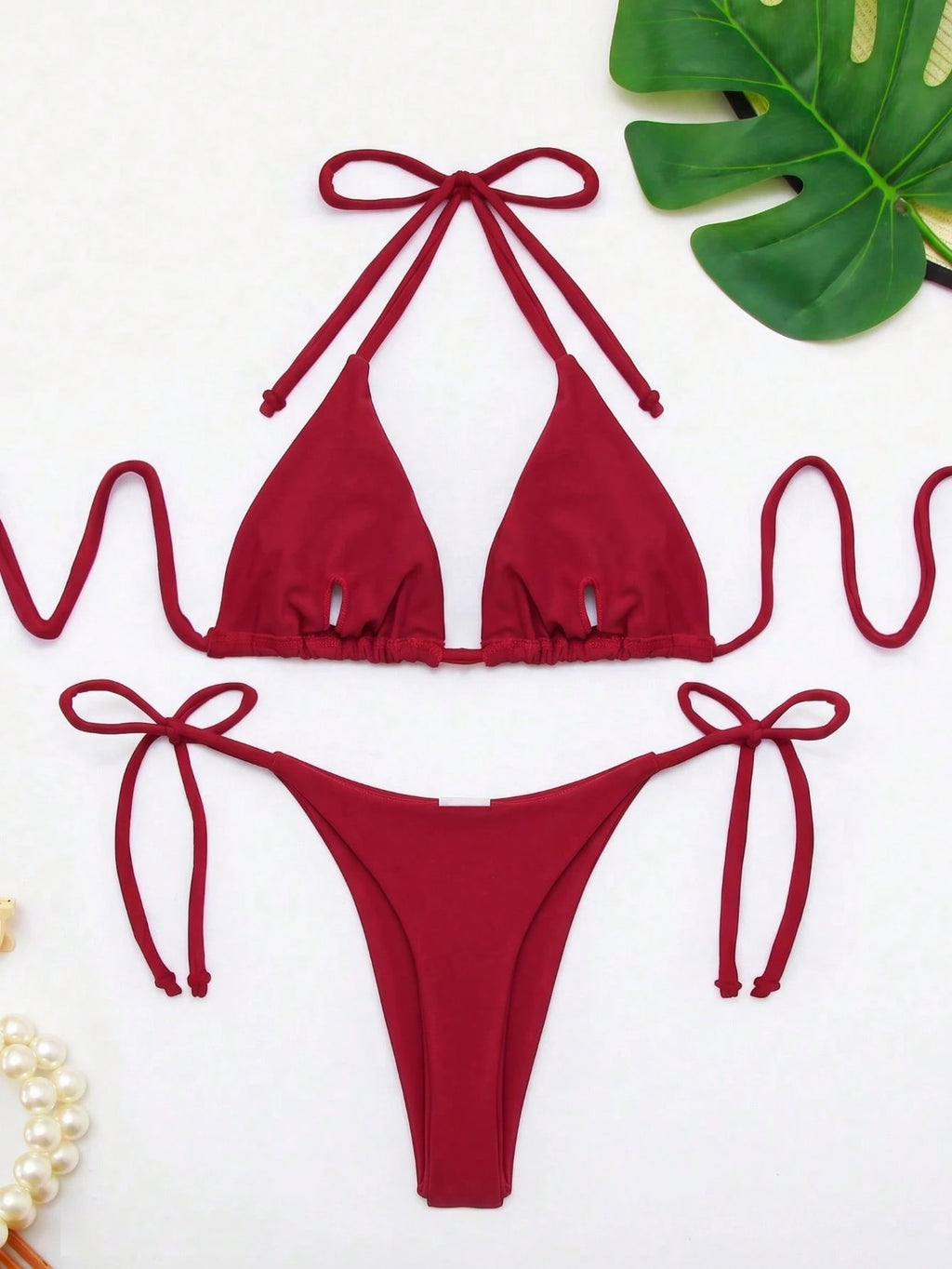 Women's Solid Color Triangle Bikini Set With Drawstring Sexy Halter Neck For Beach Vacation Summer Pink - image 3
