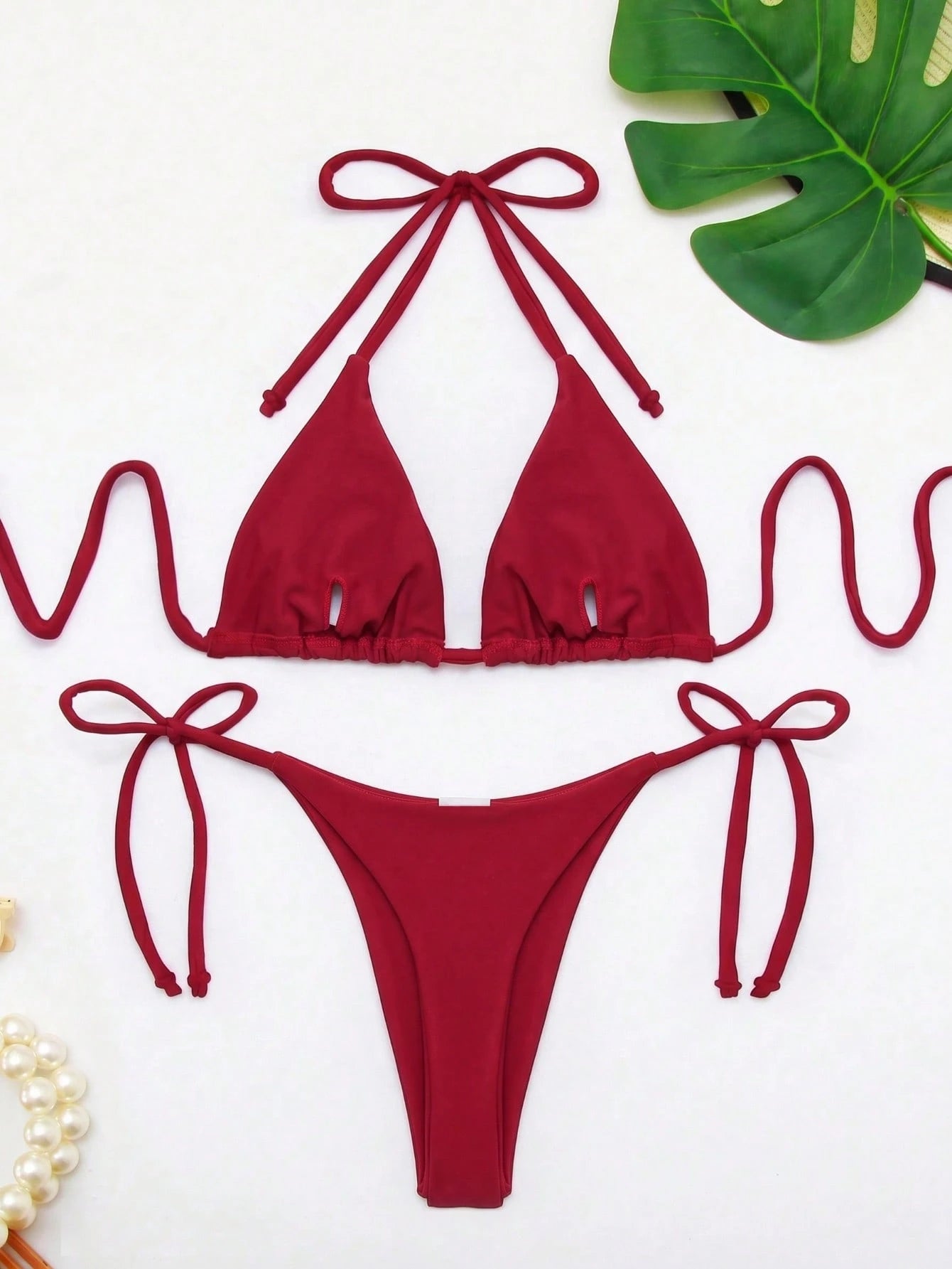 Women's Solid Color Triangle Bikini Set With Drawstring Sexy Halter Neck For Beach Vacation Summer Pink - image 3