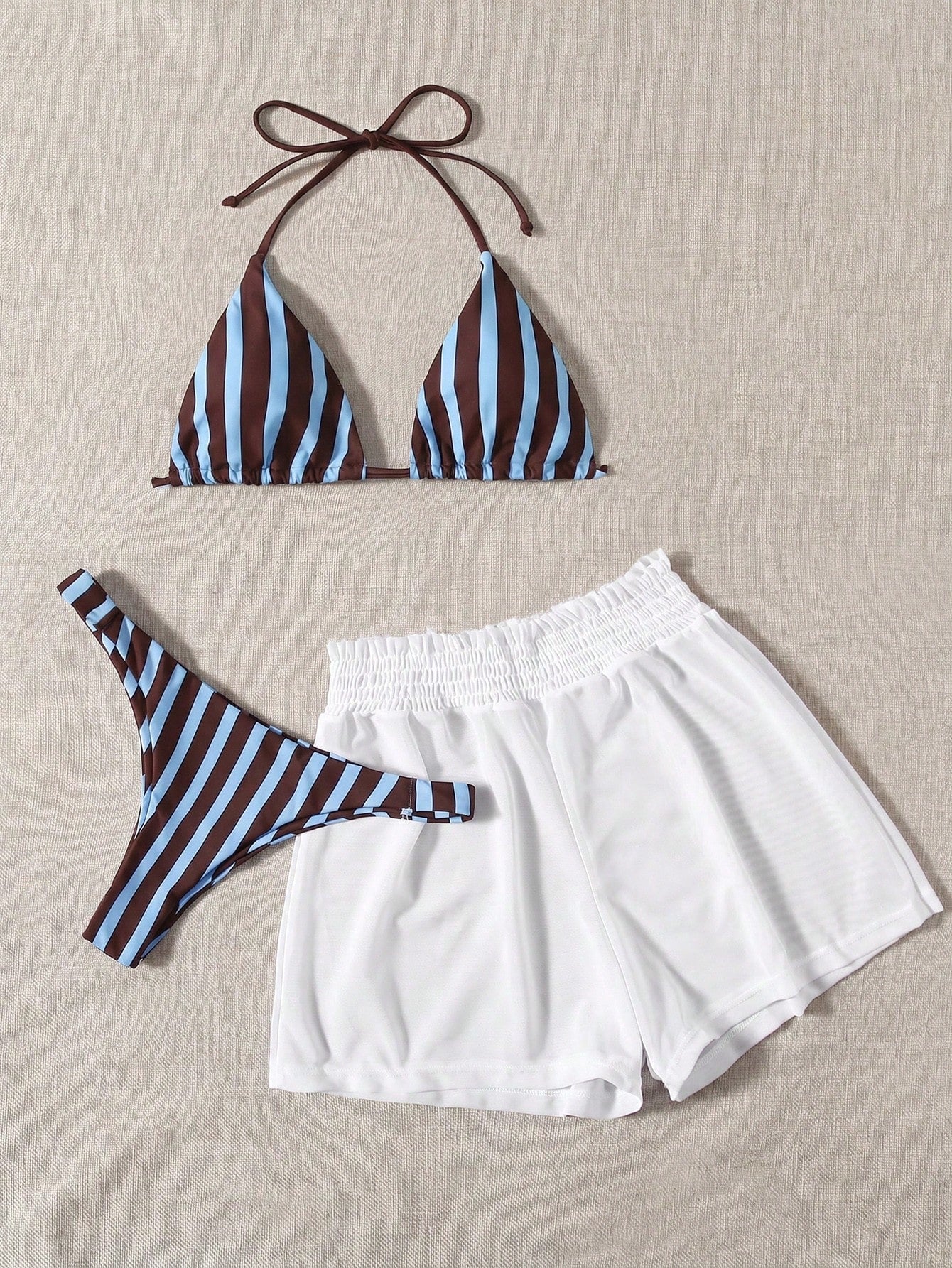 Swim Mod 3pcs Set Fresh Blue & White Striped Top, Blue Bottom And White Cover Up