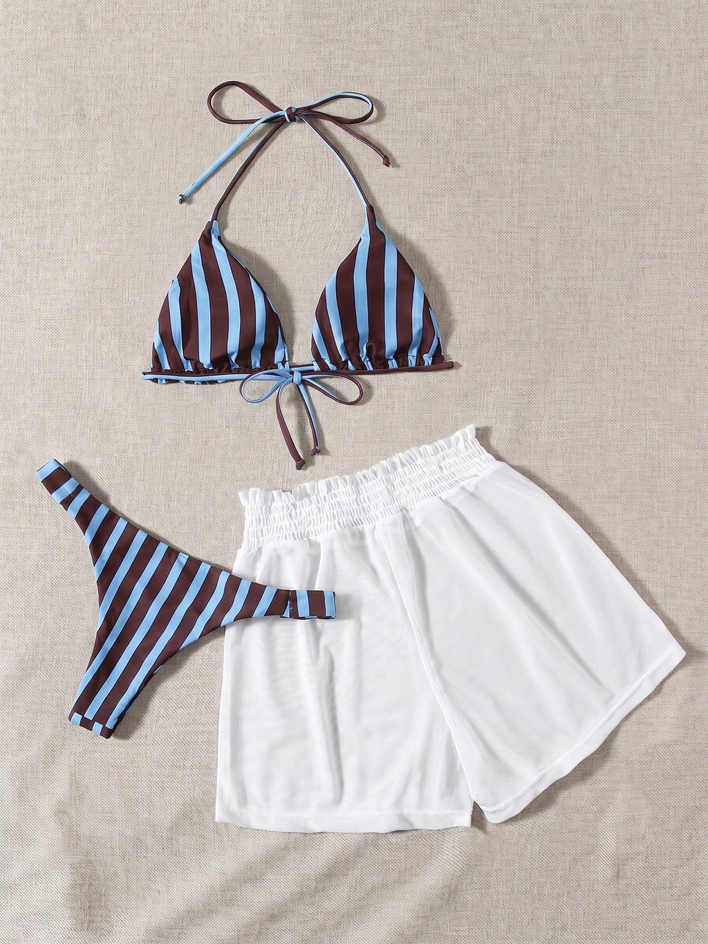 Swim Mod 3pcs Set Fresh Blue & White Striped Top, Blue Bottom And White Cover Up