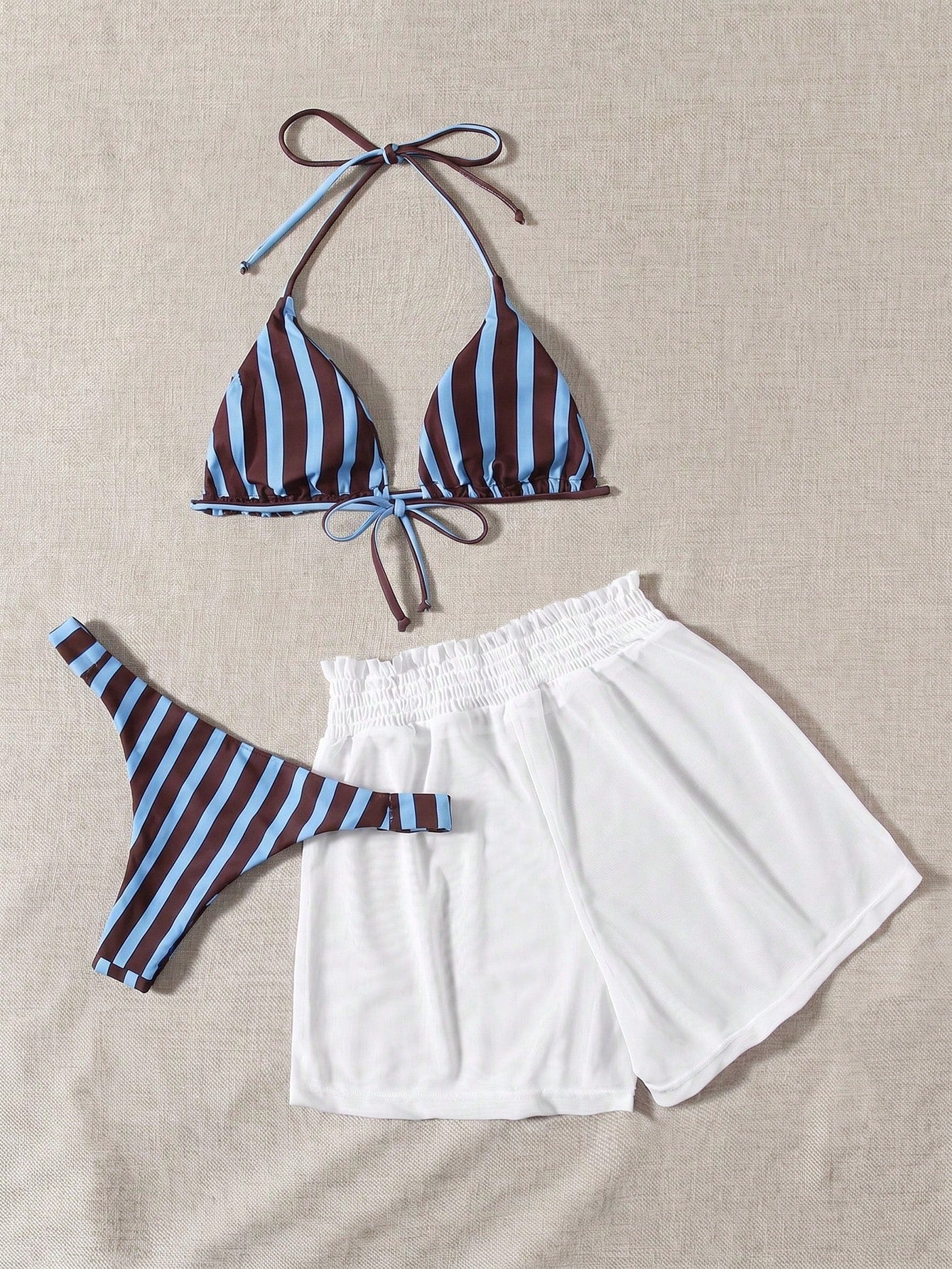 Swim Mod 3pcs Set Fresh Blue & White Striped Top, Blue Bottom And White Cover Up