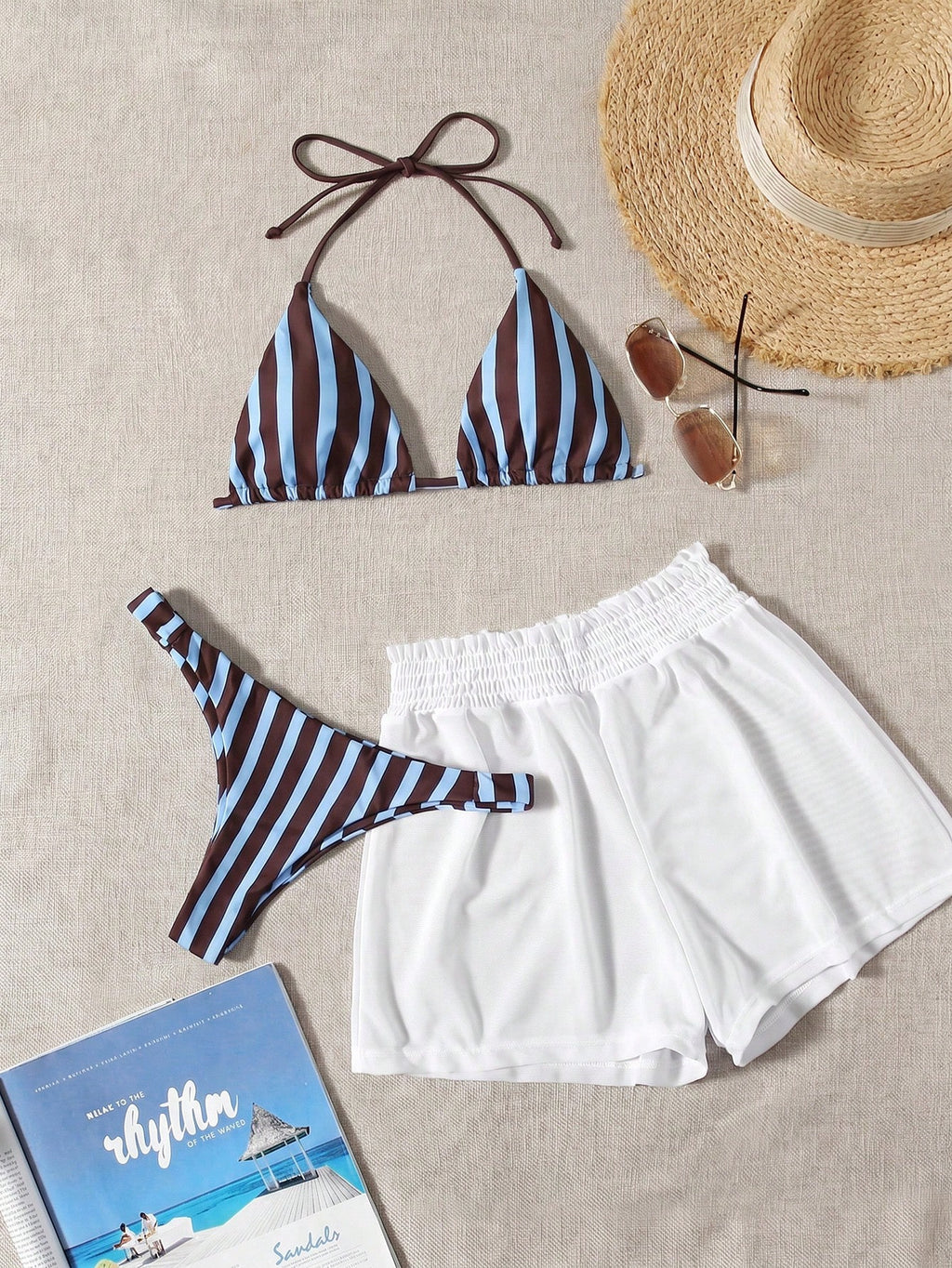 Swim Mod 3pcs Set Fresh Blue & White Striped Top, Blue Bottom And White Cover Up